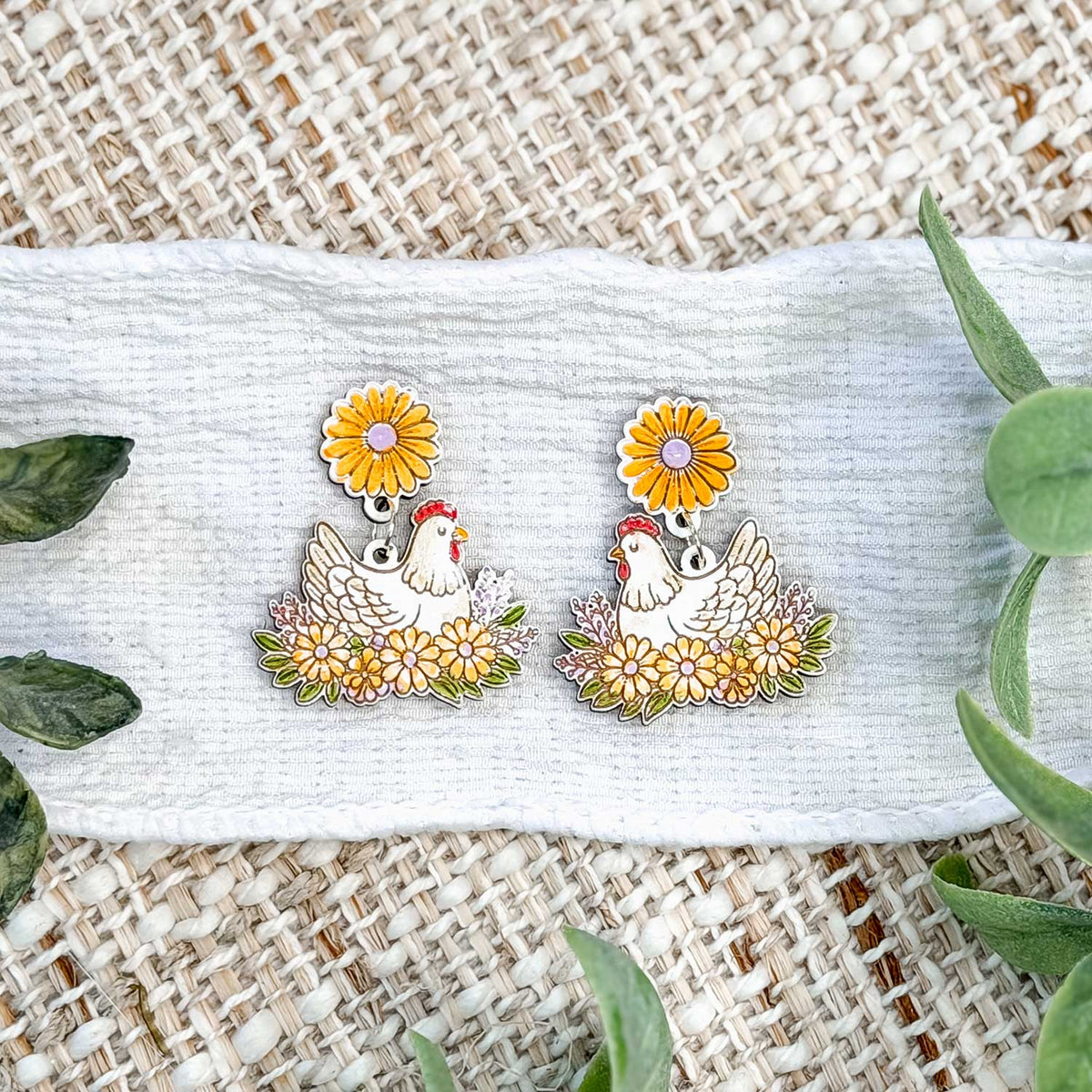 Farmhouse Chicken Floral Dangle Earrings with Daisy Accent - Glowforge