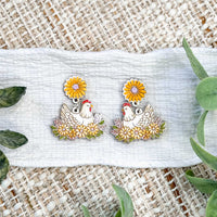 Farmhouse Chicken Floral Dangle Earrings with Daisy Accent - Glowforge