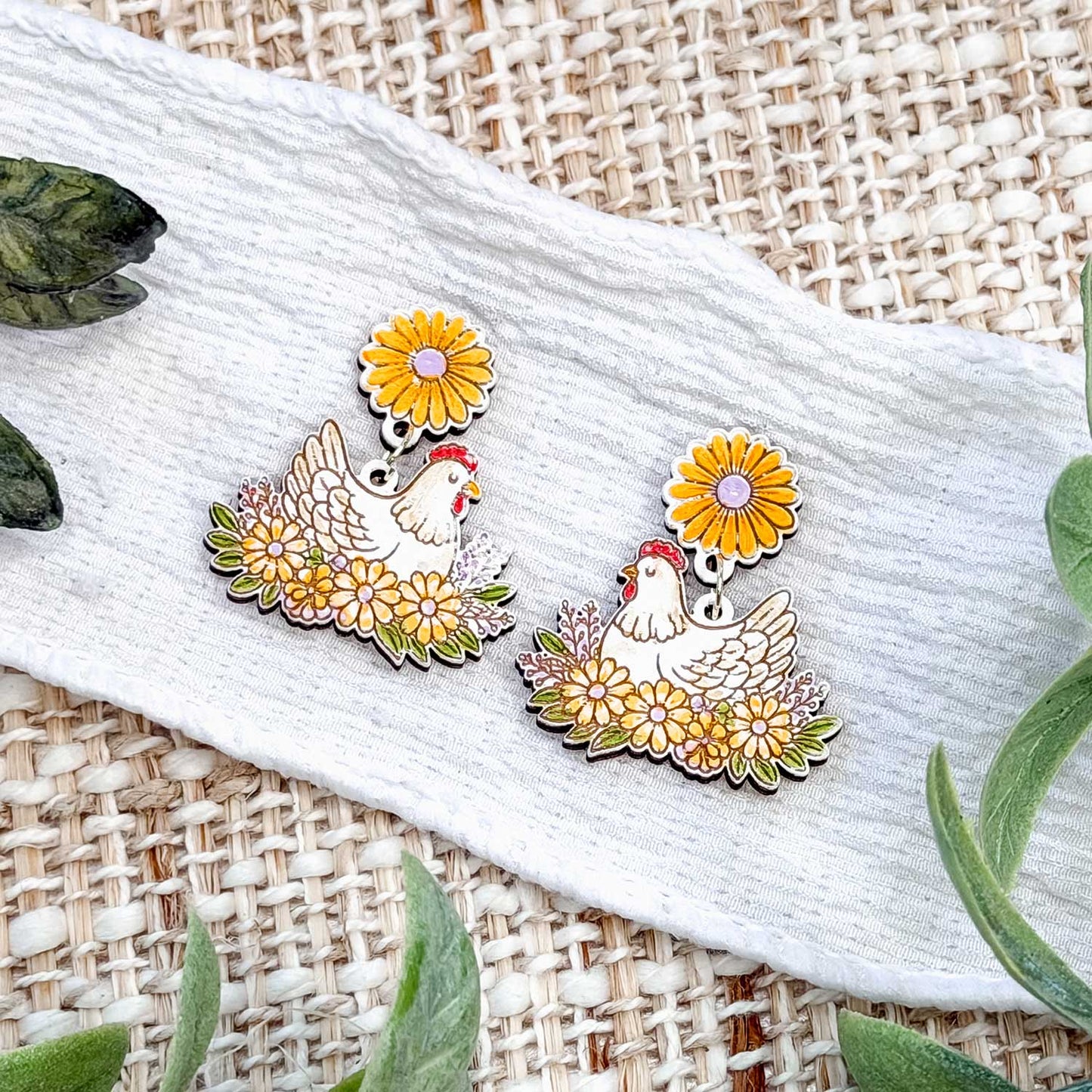 Farmhouse Chicken Floral Dangle Earrings with Daisy Accent - Glowforge