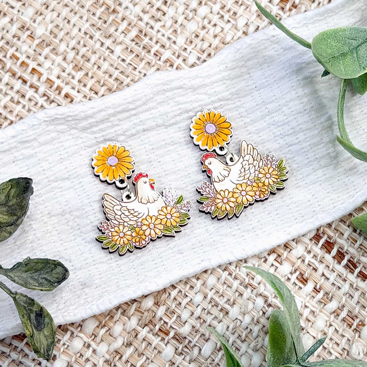 Farmhouse Chicken Floral Dangle Earrings with Daisy Accent - Glowforge