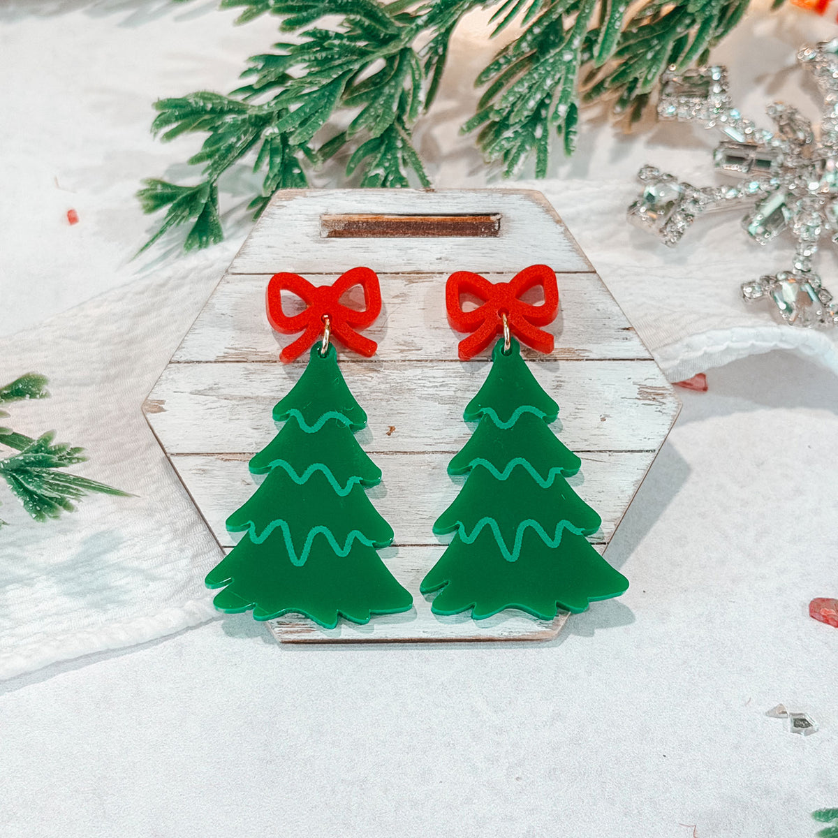 Festive Christmas Tree Earrings with Bow Accents - Glowforge