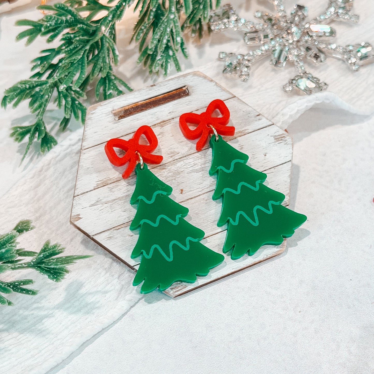 Festive Christmas Tree Earrings with Bow Accents - Glowforge
