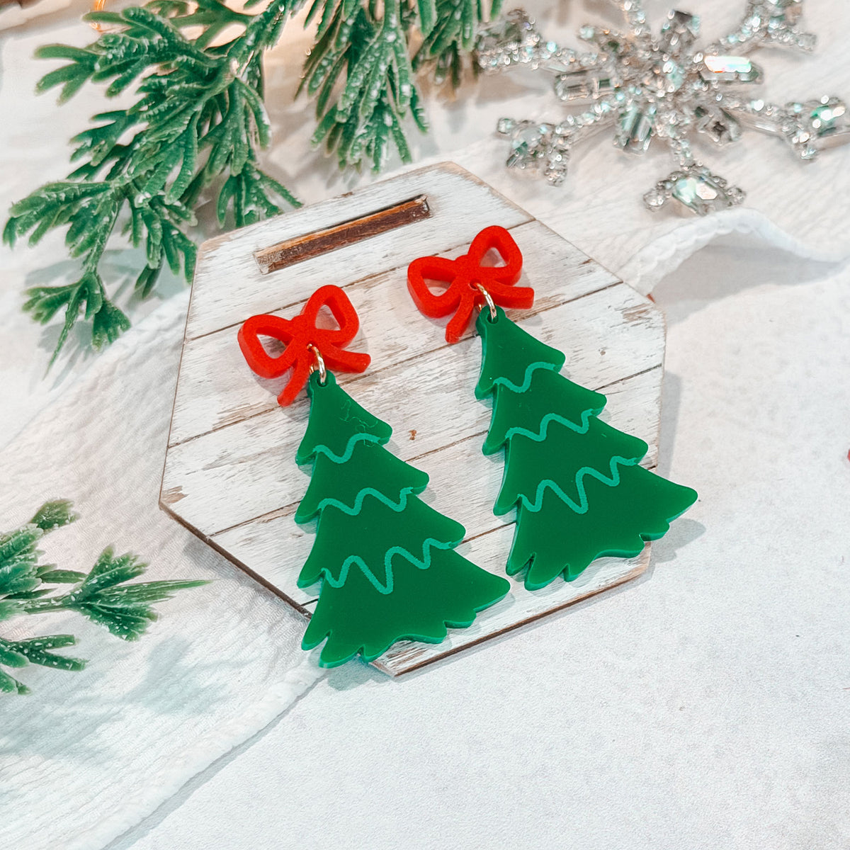 Festive Christmas Tree Earrings with Bow Accents - Glowforge