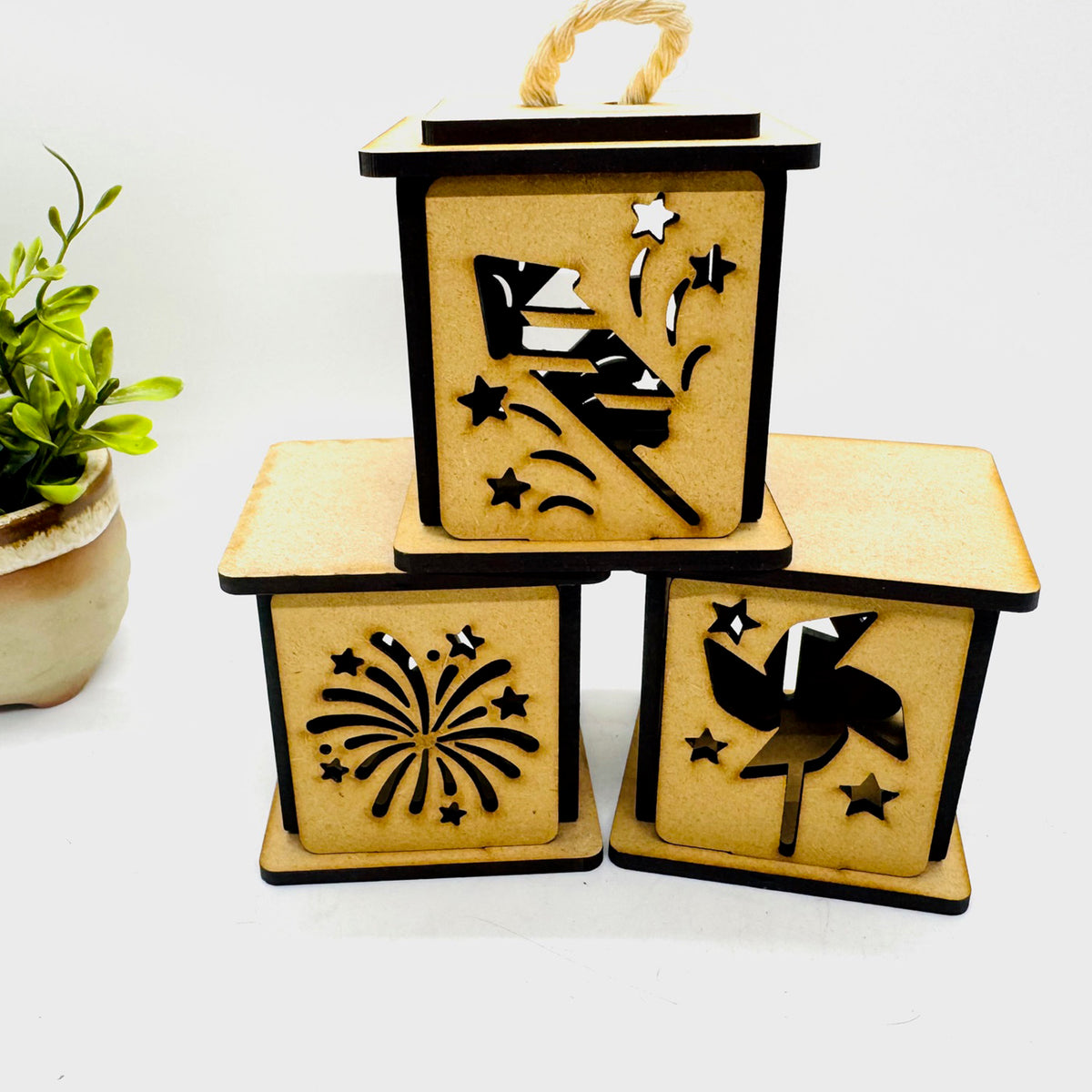 Mini Firework Set Festive Mini Patriotic Lanterns (Set of 3) - Pinwheel, Rocket, Firewor ...