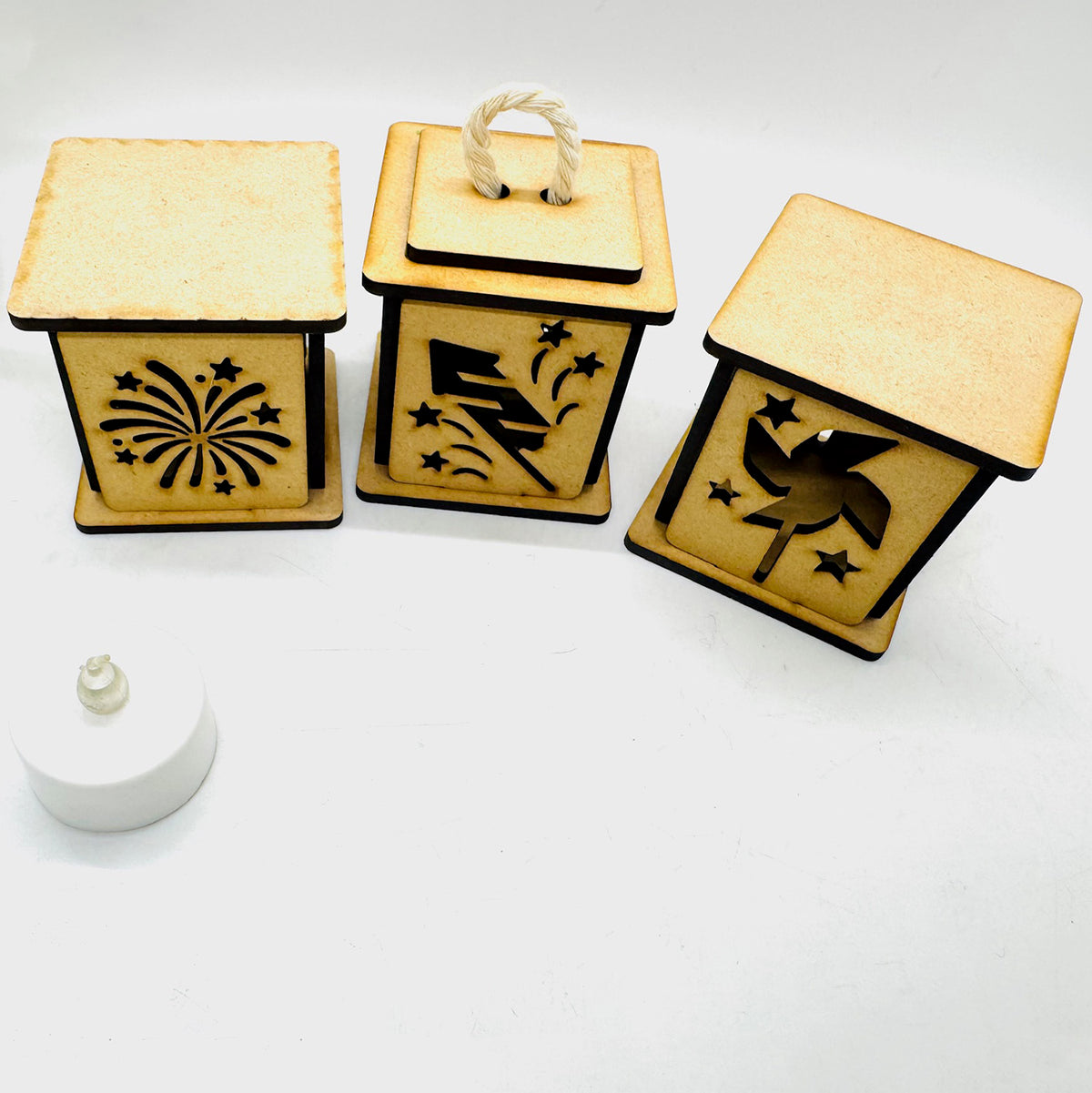 Mini Firework Set Festive Mini Patriotic Lanterns (Set of 3) - Pinwheel, Rocket, Firewor ...