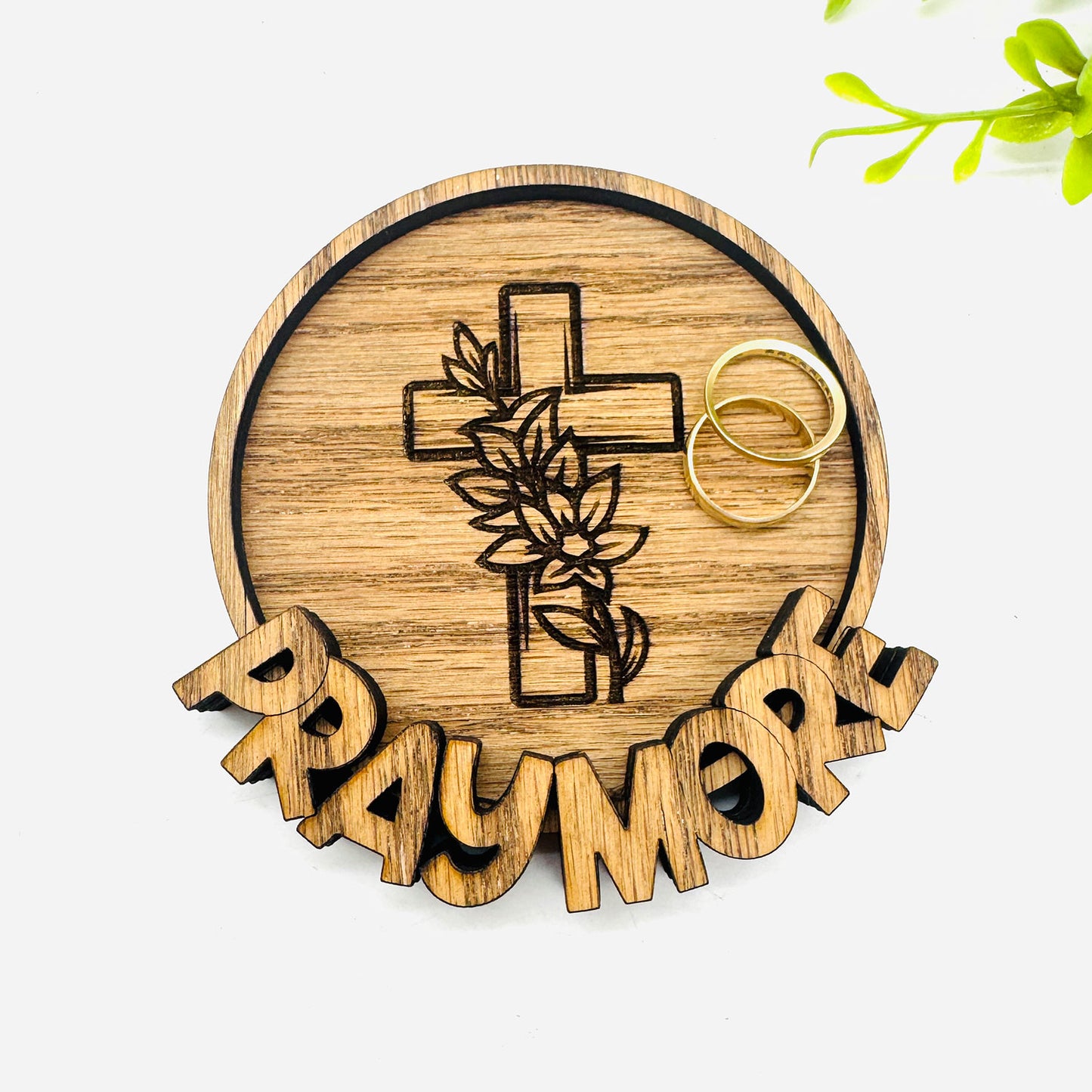 Floral Cross Pray More Trinket Ring Dish - Glowforge