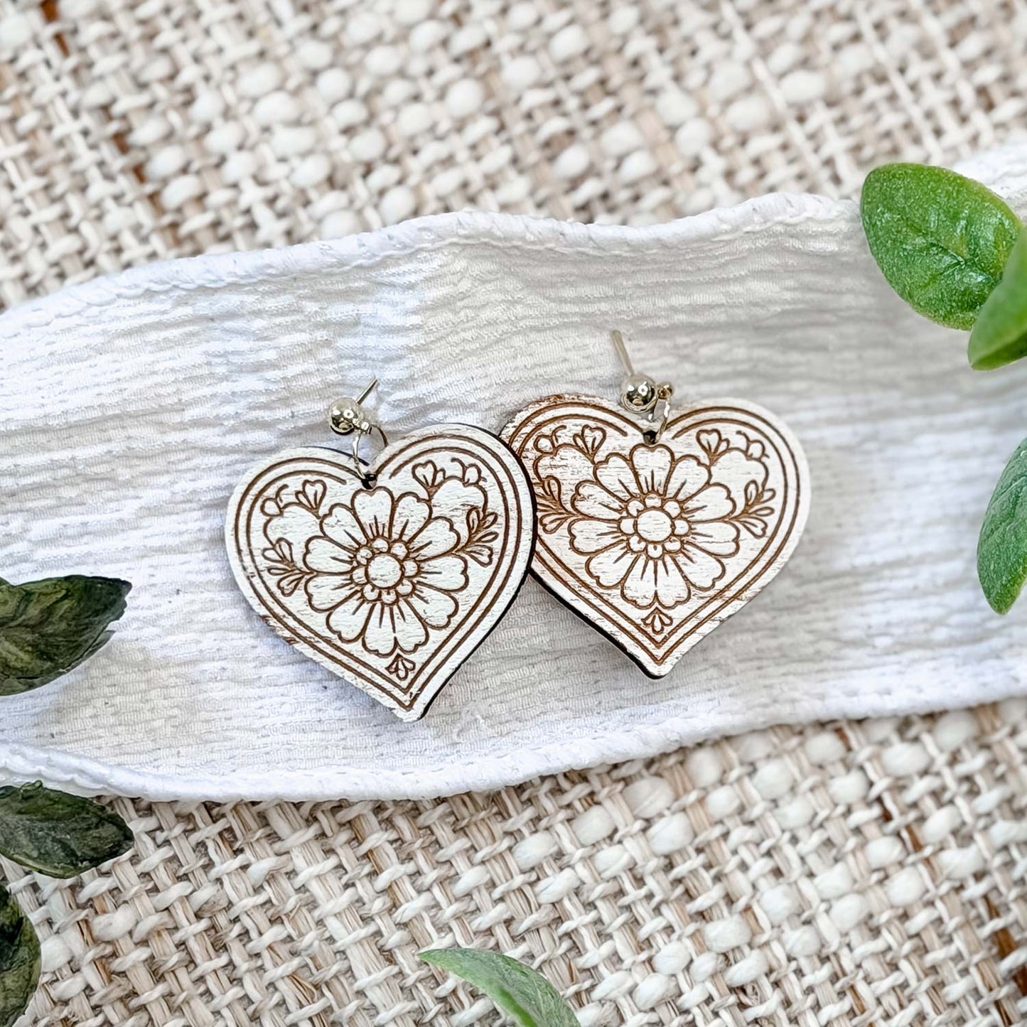 Floral Heart Earrings with Engraved Details - Glowforge