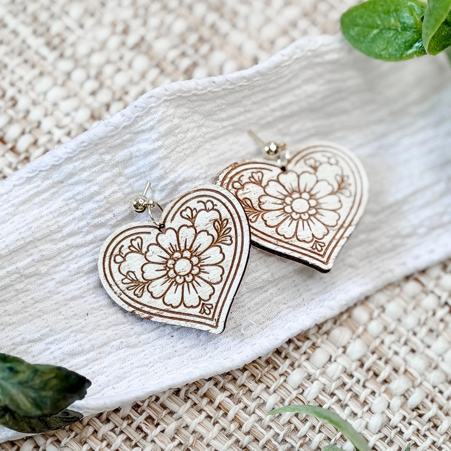 Floral Heart Earrings with Engraved Details - Glowforge
