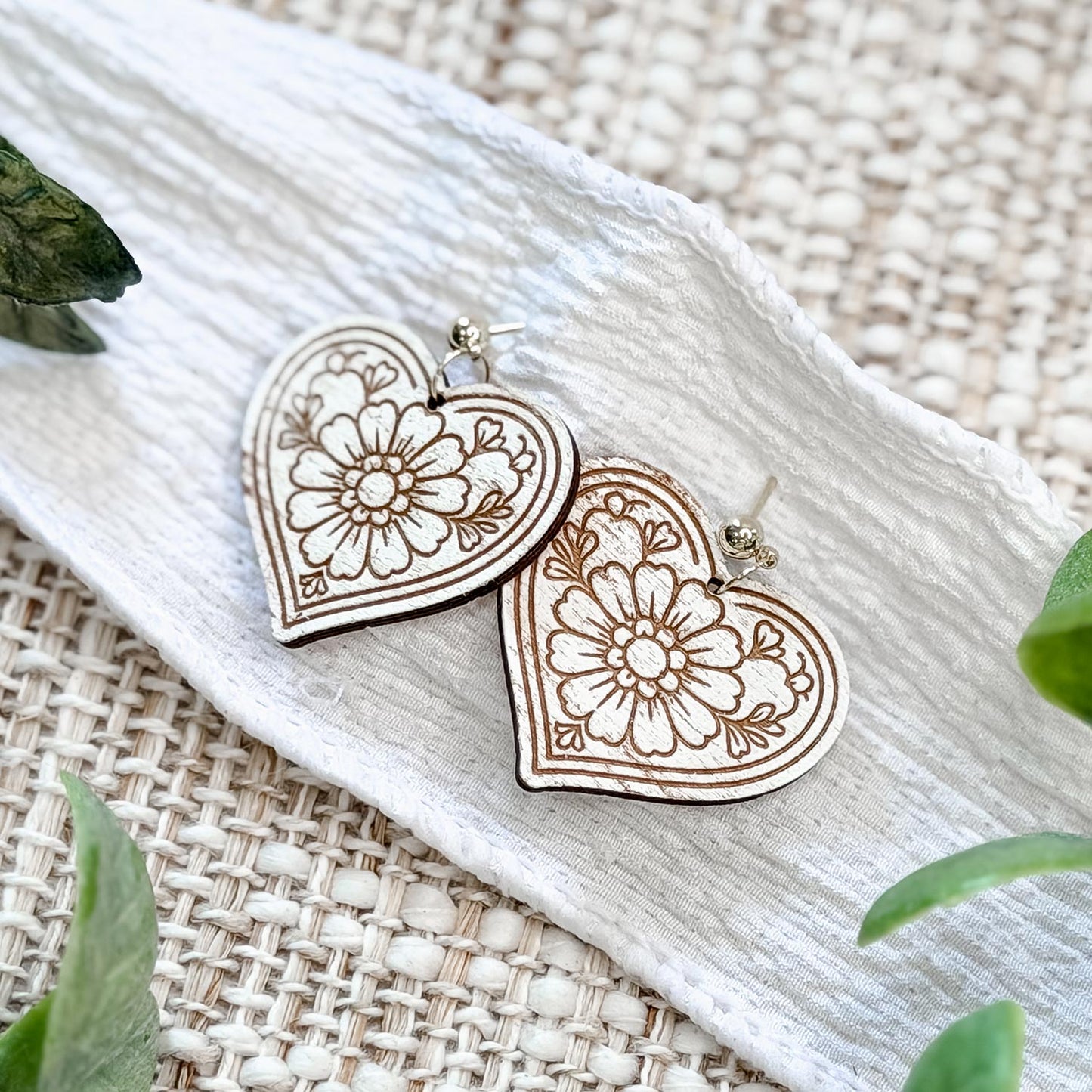 Floral Heart Earrings with Engraved Details - Glowforge