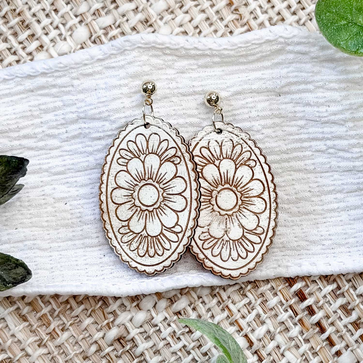 Floral Oval Earrings with Engraved Details - Glowforge