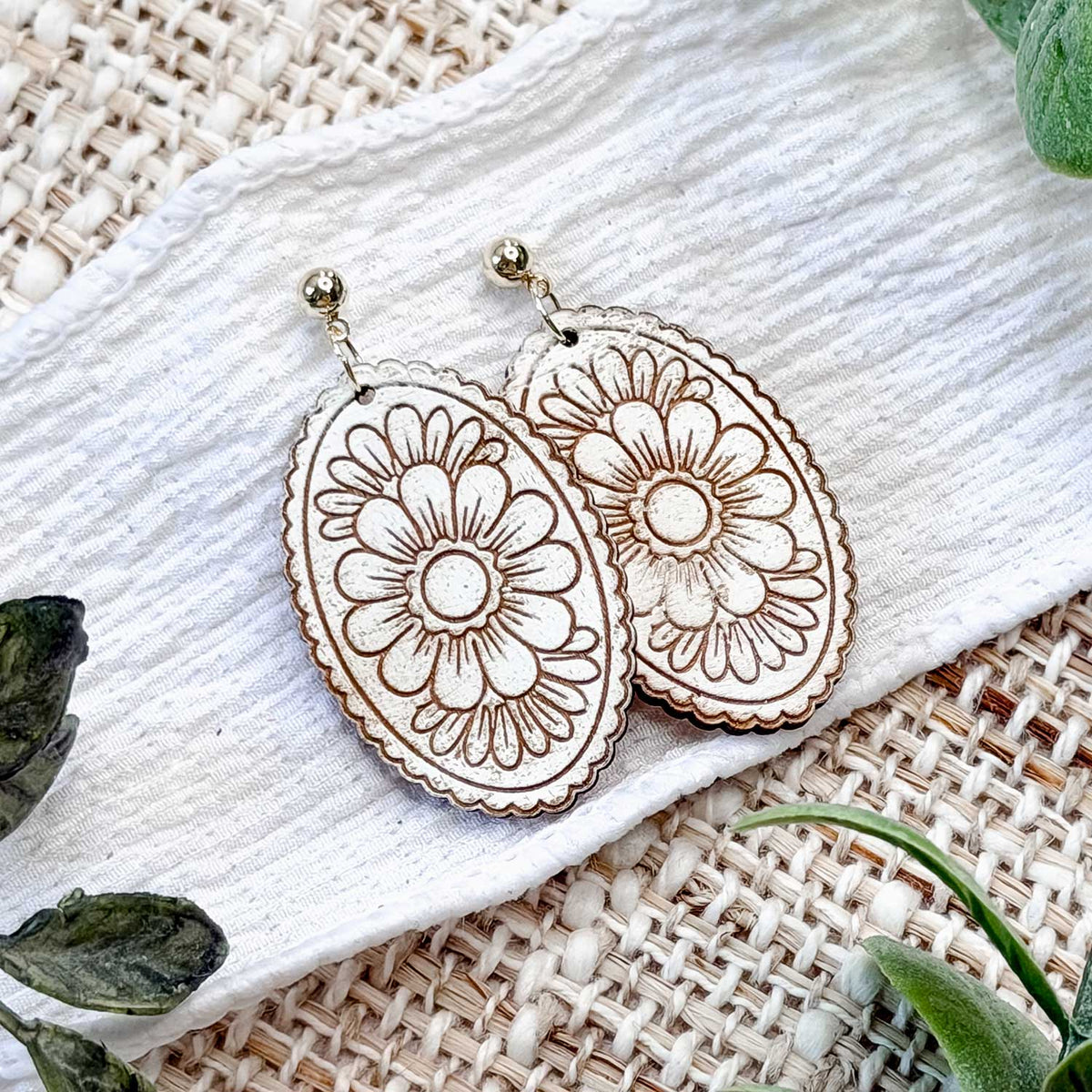 Floral Oval Earrings with Engraved Details - Glowforge