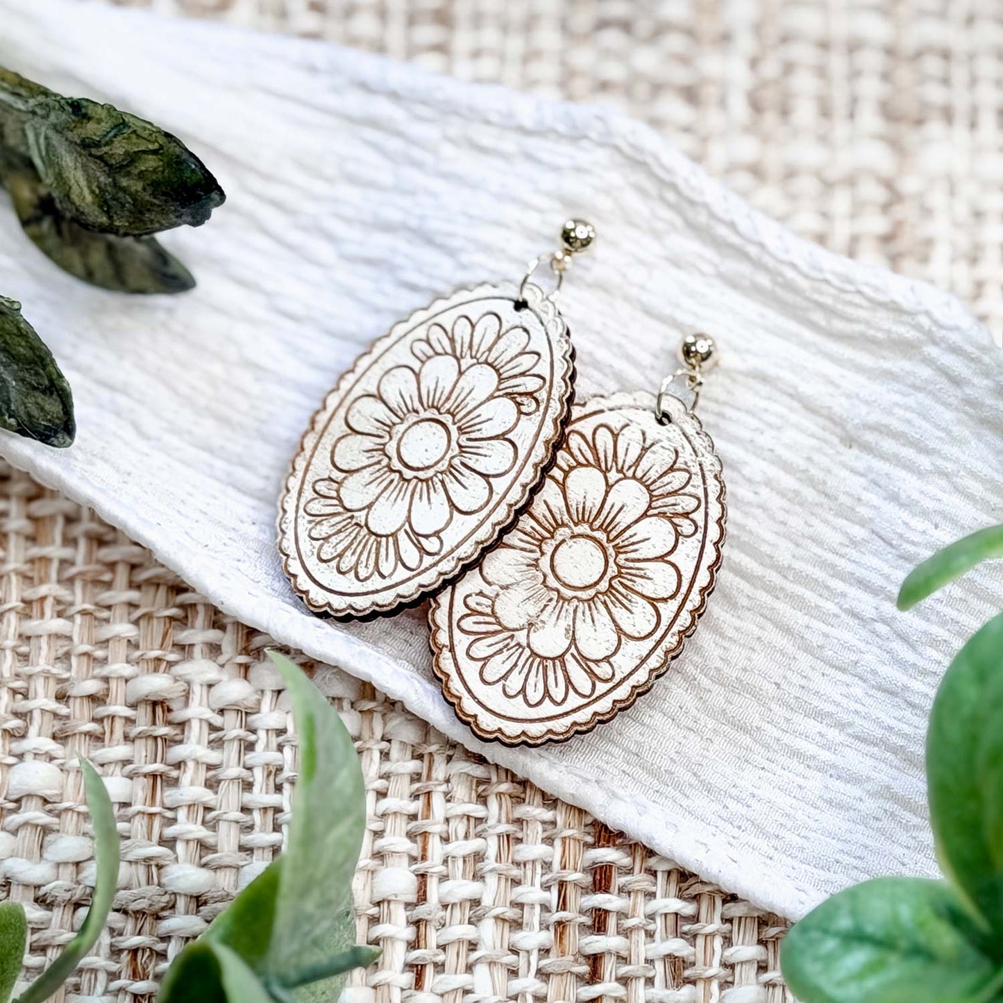 Floral Oval Earrings with Engraved Details - Glowforge