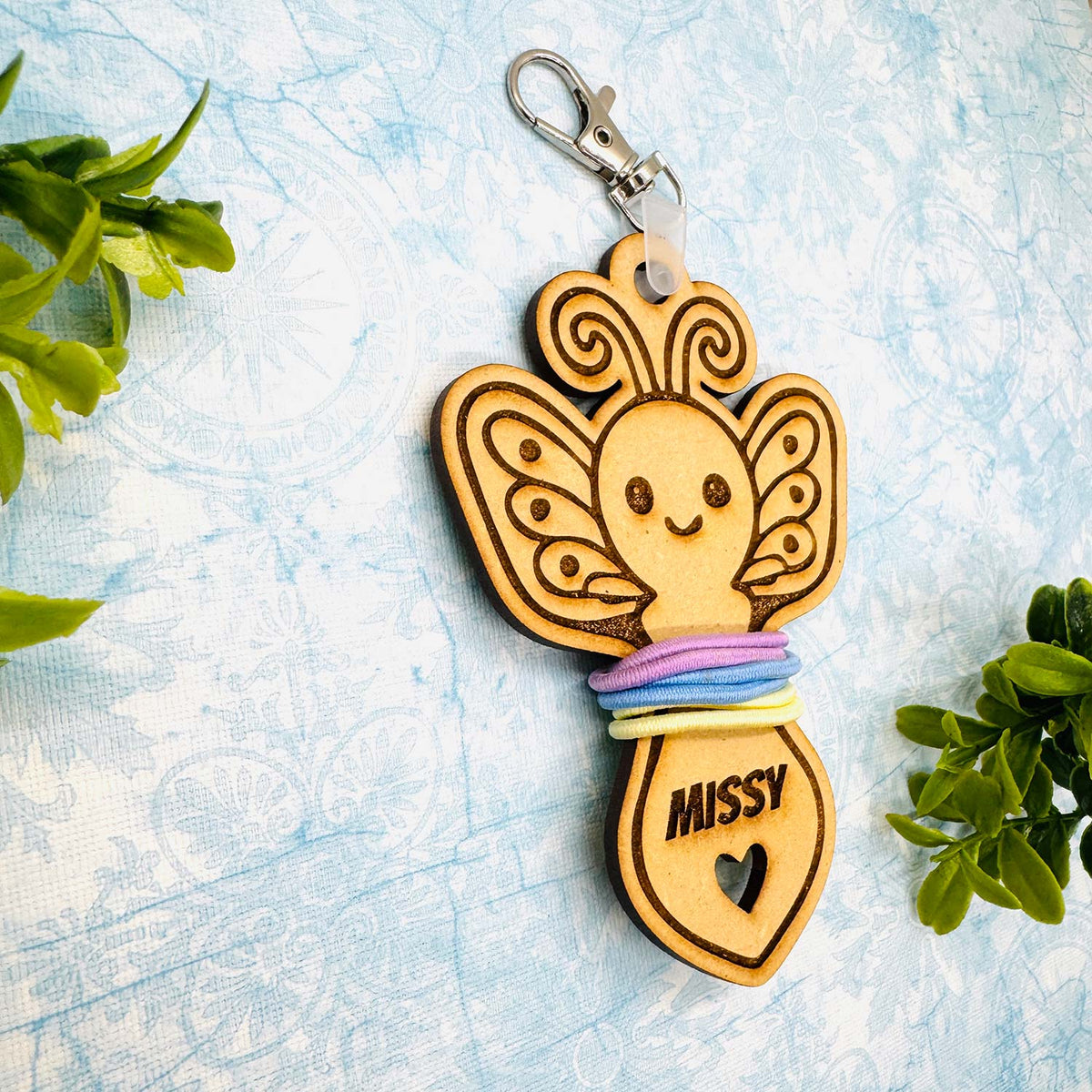 Fluttery Butterfly Hair Tie Holder Keychain with Editable Text - Glowforge