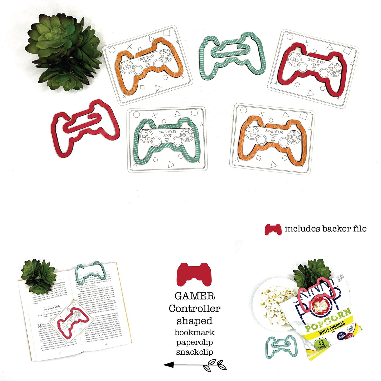 Gamer Controller Shaped Bookmark with Card Backer - Paperclip - Snack Bag Closure - Glowforge