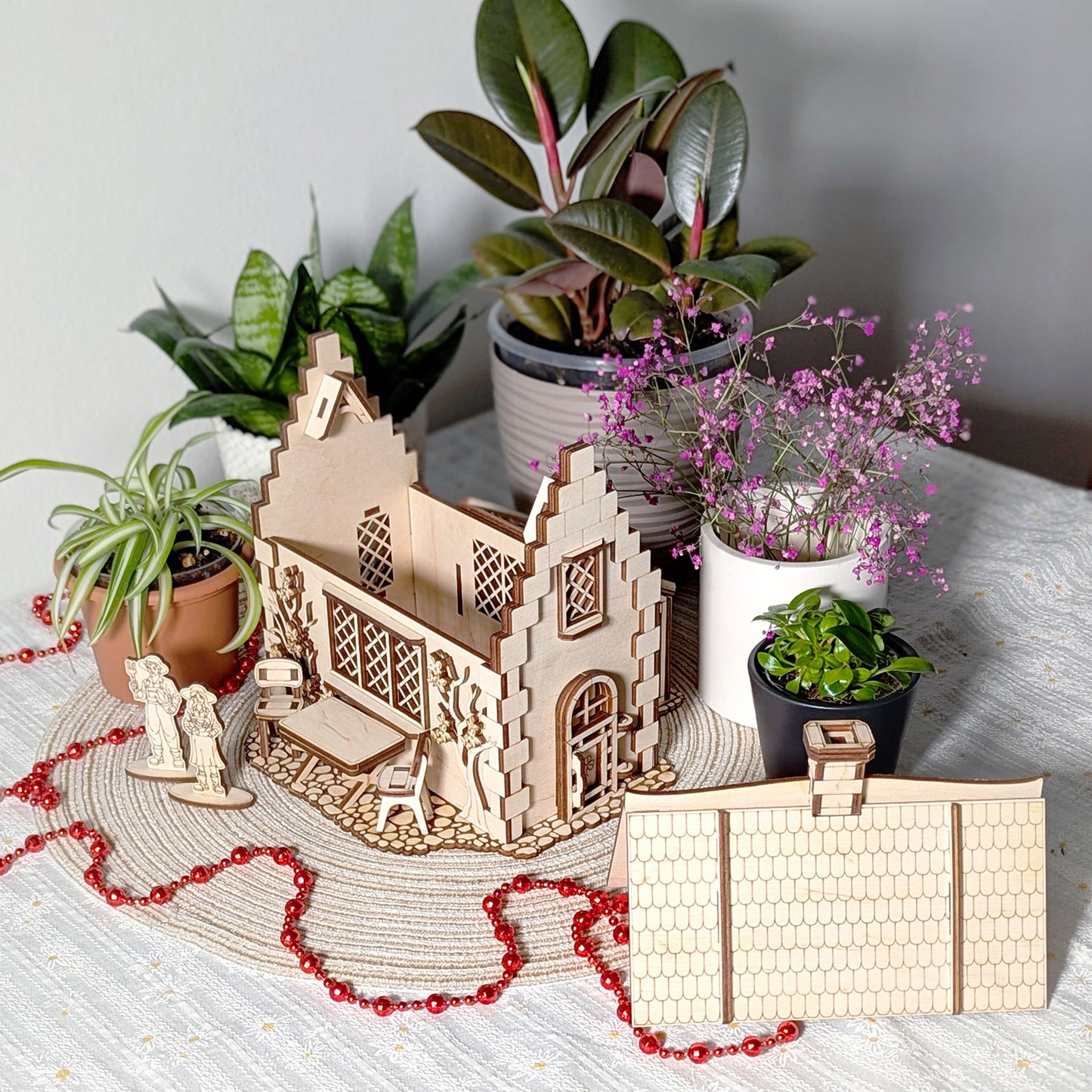 Garden Cottage with Greenhouse - Miniature with Opening Roof and Character Figures - Glowforge