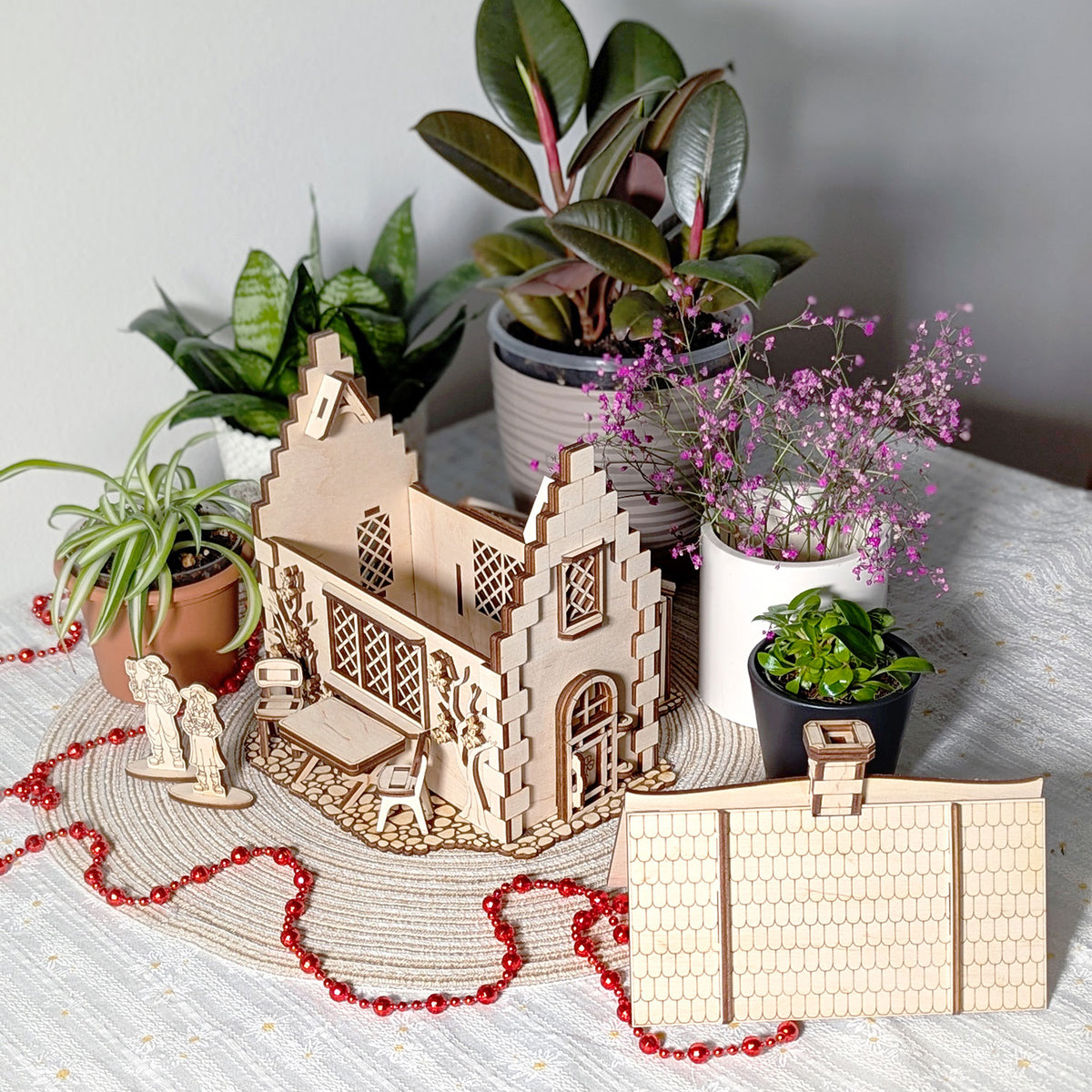 Garden Cottage with Greenhouse - Miniature with Opening Roof and Character Figures - Glowforge