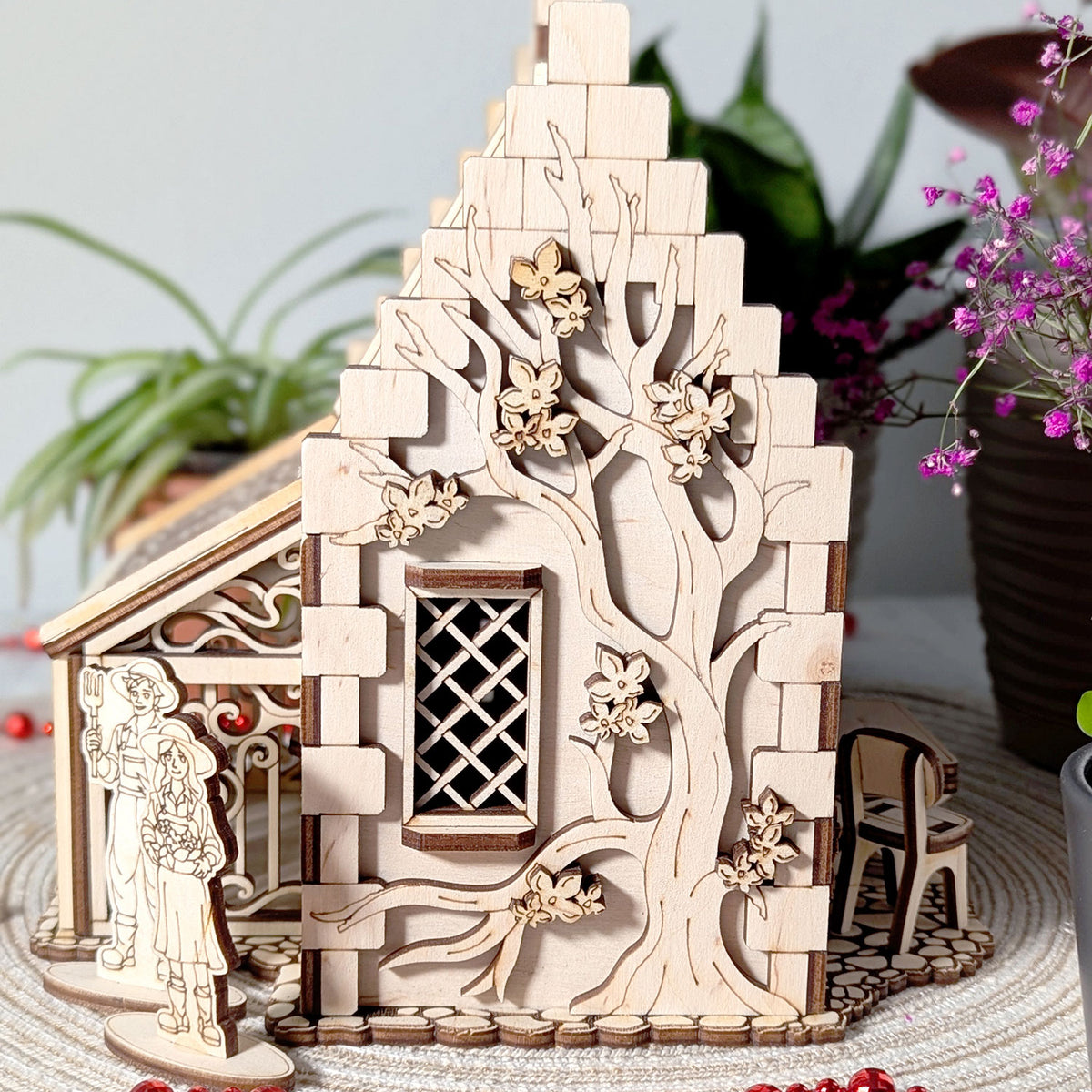 Garden Cottage with Greenhouse - Miniature with Opening Roof and Character Figures - Glowforge