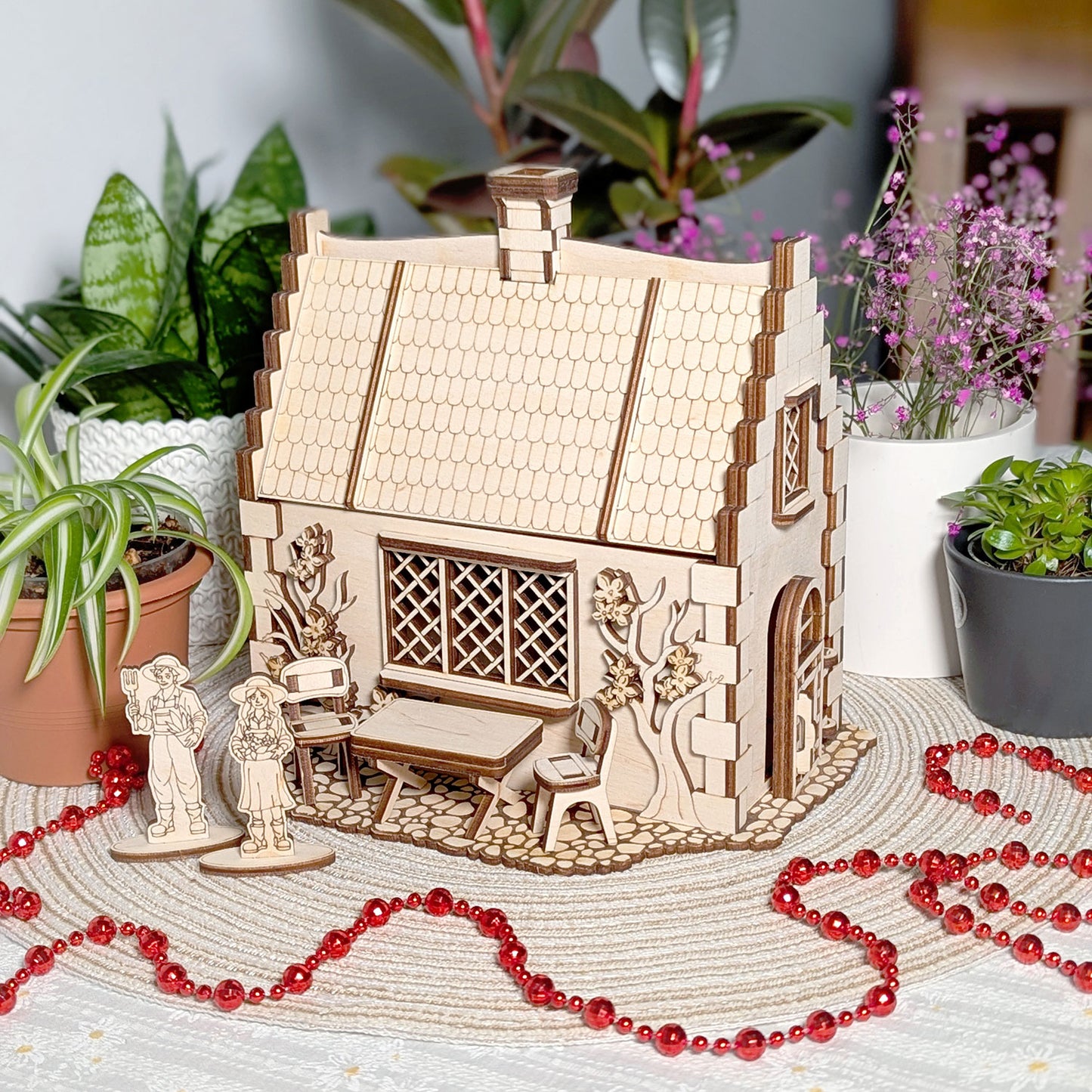 Garden Cottage with Greenhouse - Miniature with Opening Roof and Character Figures - Glowforge