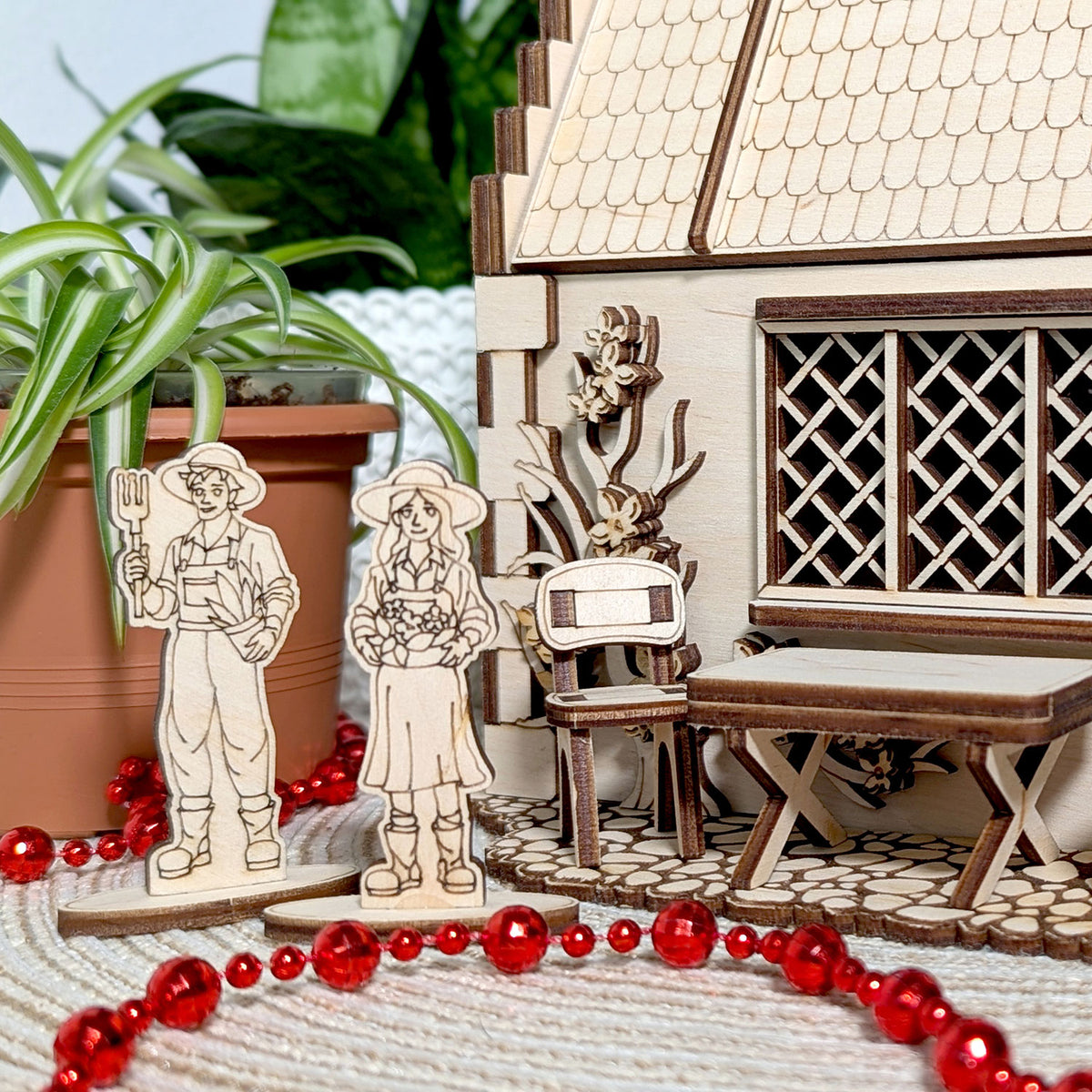 Garden Cottage with Greenhouse - Miniature with Opening Roof and Character Figures - Glowforge