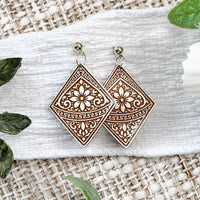 Geometric Floral Diamond Earrings with Border Detail - Glowforge