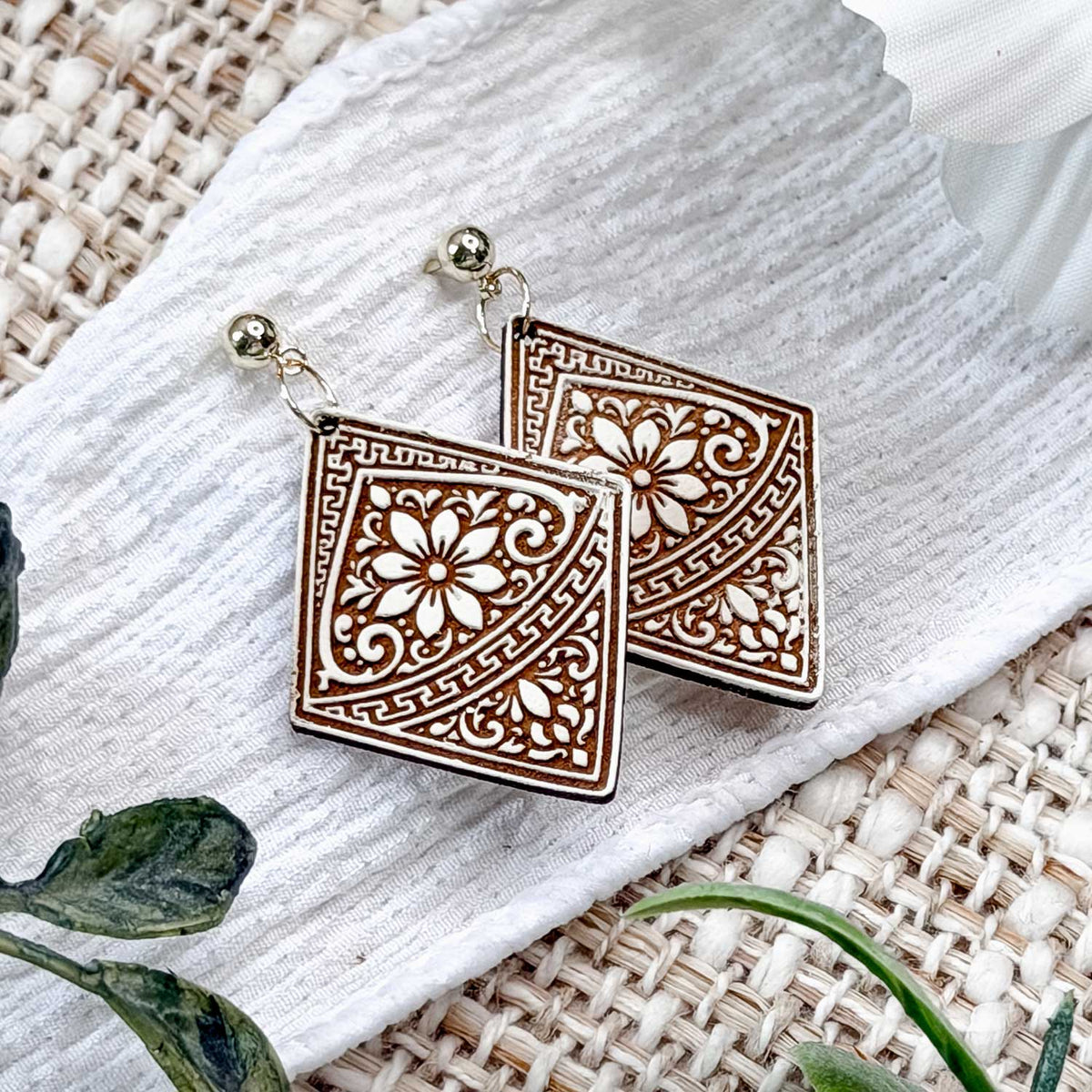Geometric Floral Diamond Earrings with Border Detail - Glowforge