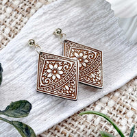 Geometric Floral Diamond Earrings with Border Detail - Glowforge
