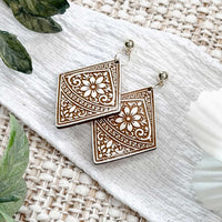 Geometric Floral Diamond Earrings with Border Detail - Glowforge