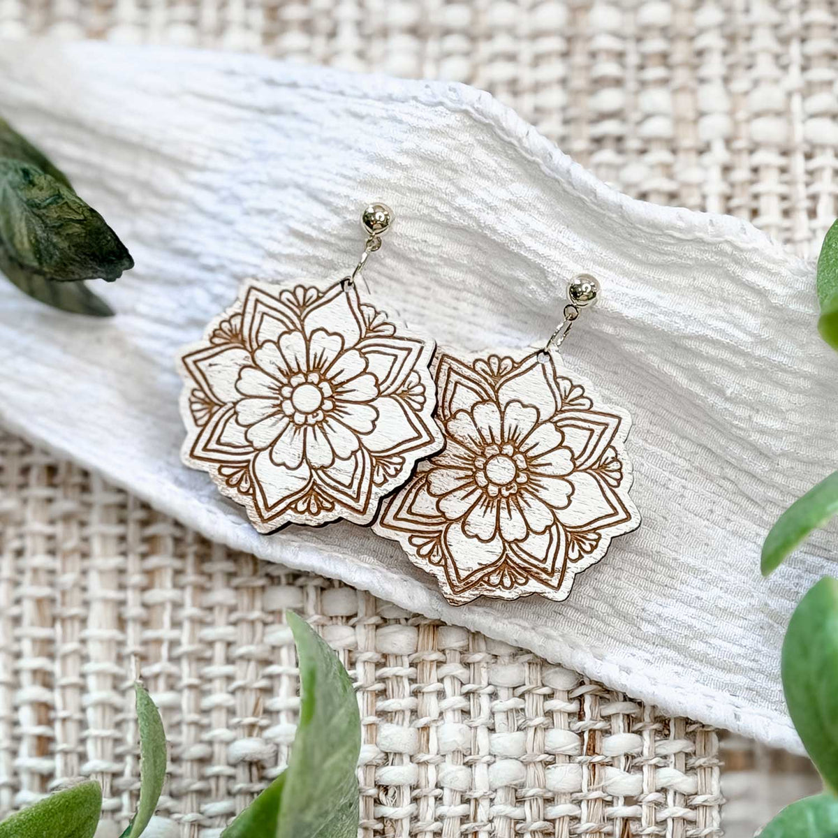 Geometric Floral Earrings with Engraved Details - Glowforge