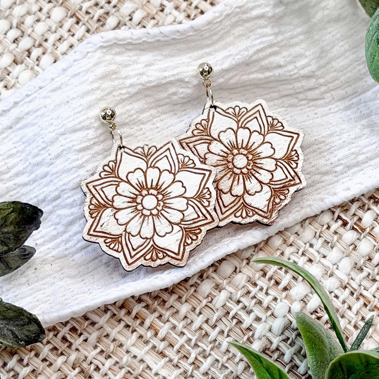 Geometric Floral Earrings with Engraved Details - Glowforge