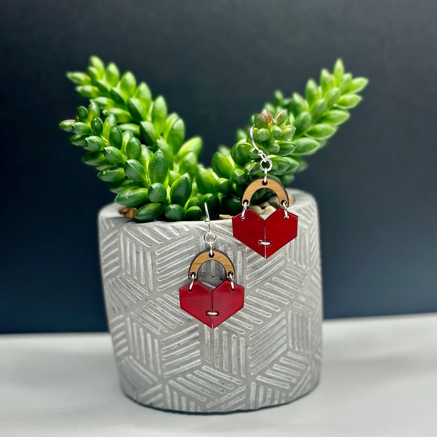 Geometric Heart & Wood Drop Earrings - Glowforge
