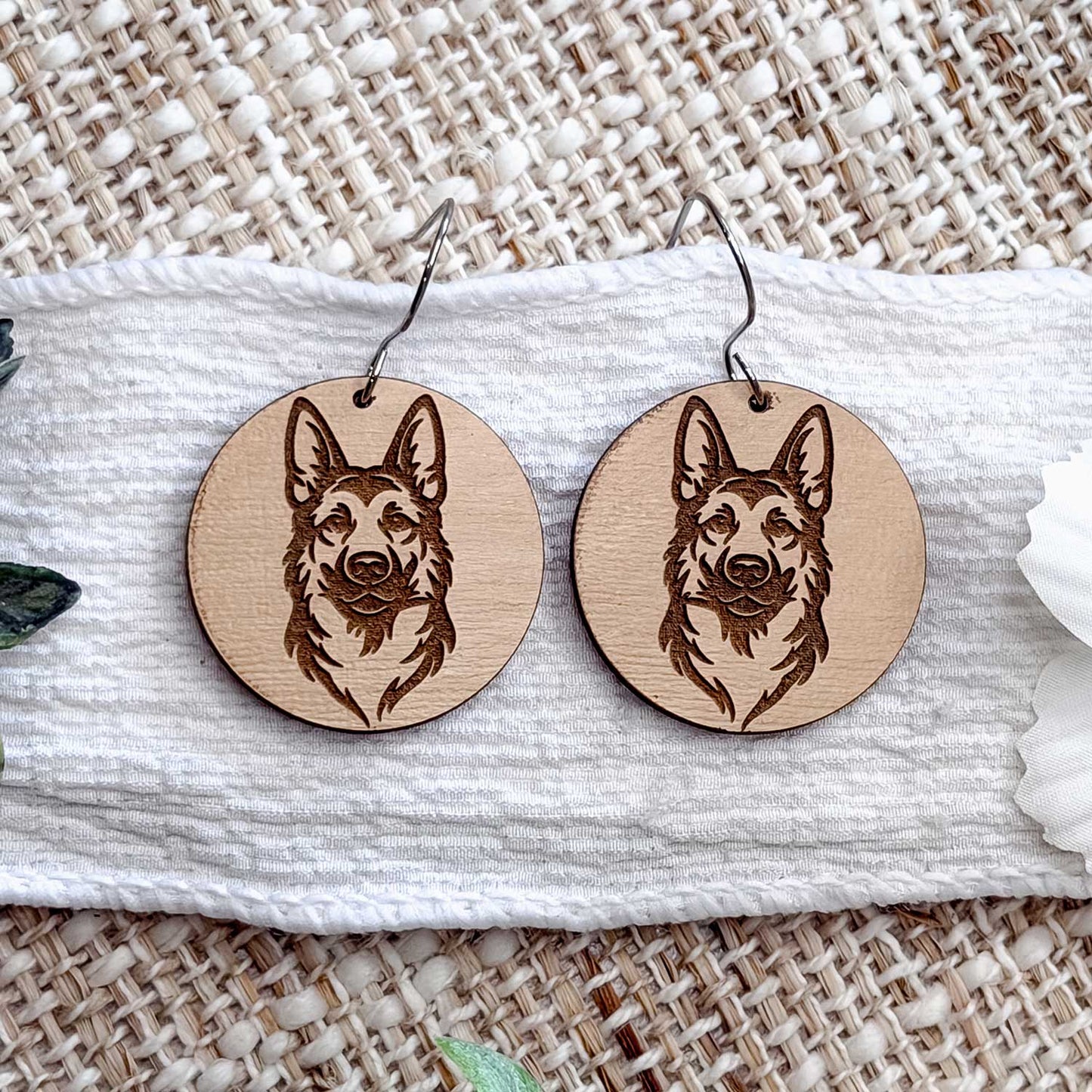 German Shepherd Engraved Disc Earrings - Glowforge