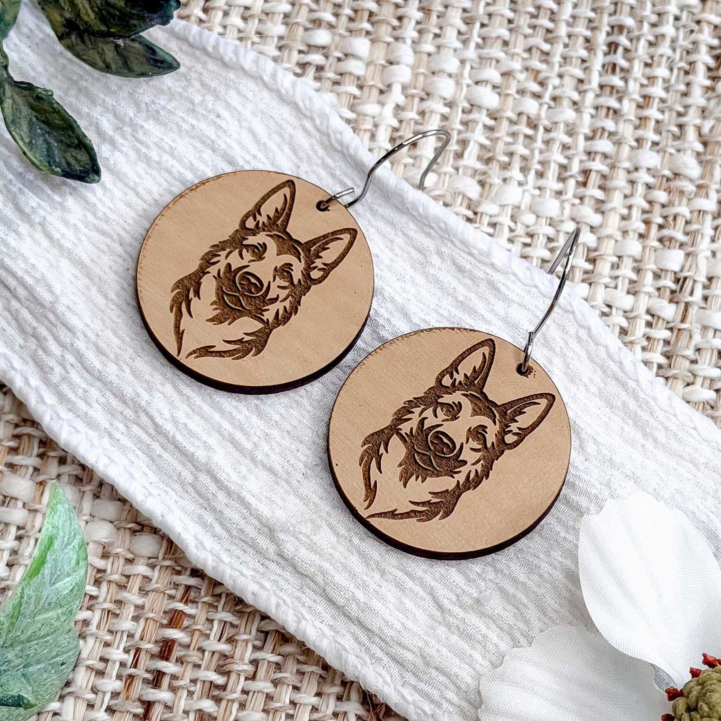 German Shepherd Engraved Disc Earrings - Glowforge