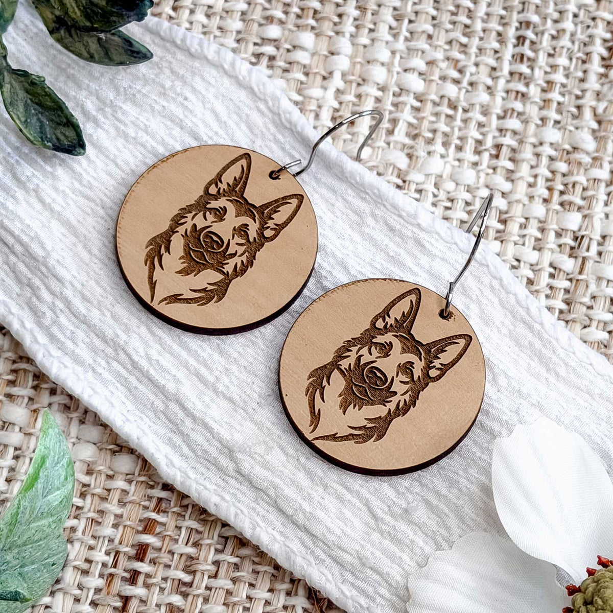 German Shepherd Engraved Disc Earrings - Glowforge