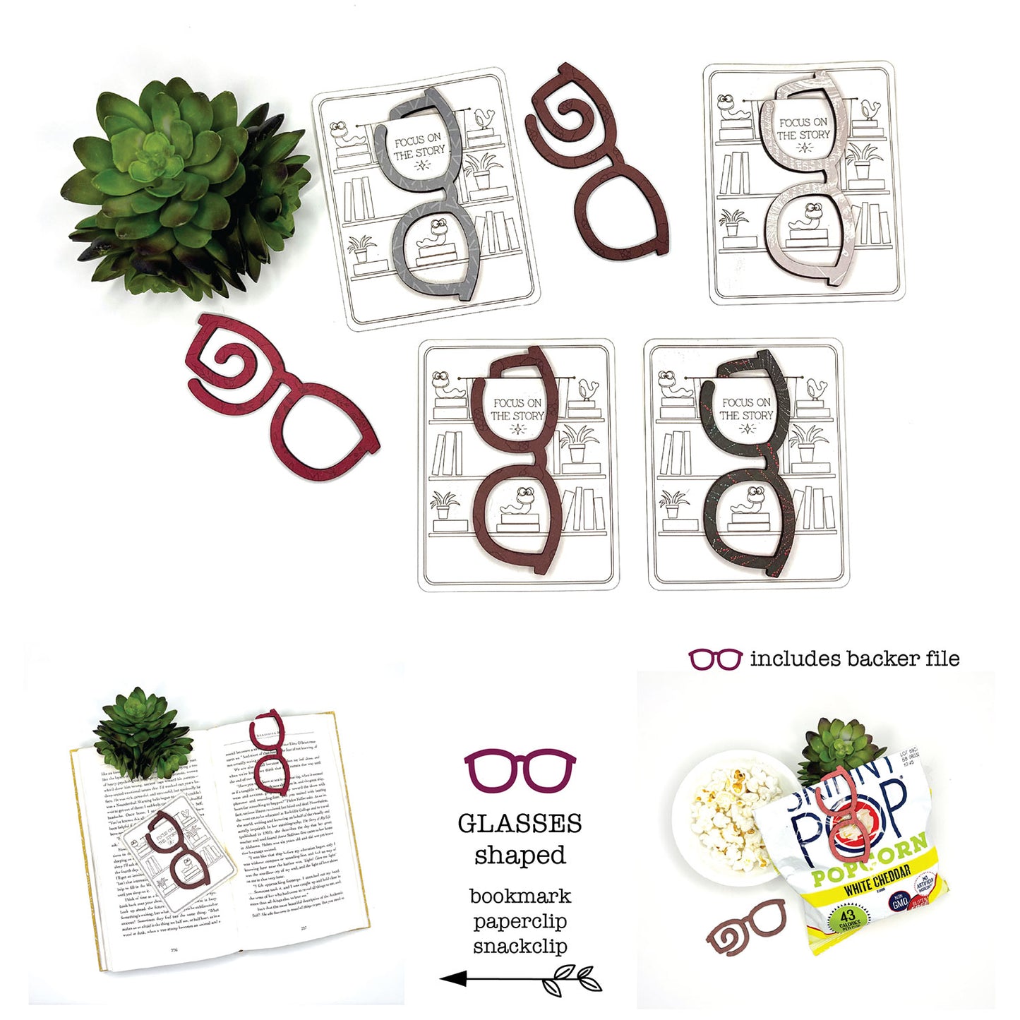 Glasses Shaped Bookmark with Card Backer - Paperclip - Snack Bag Closure - Glowforge