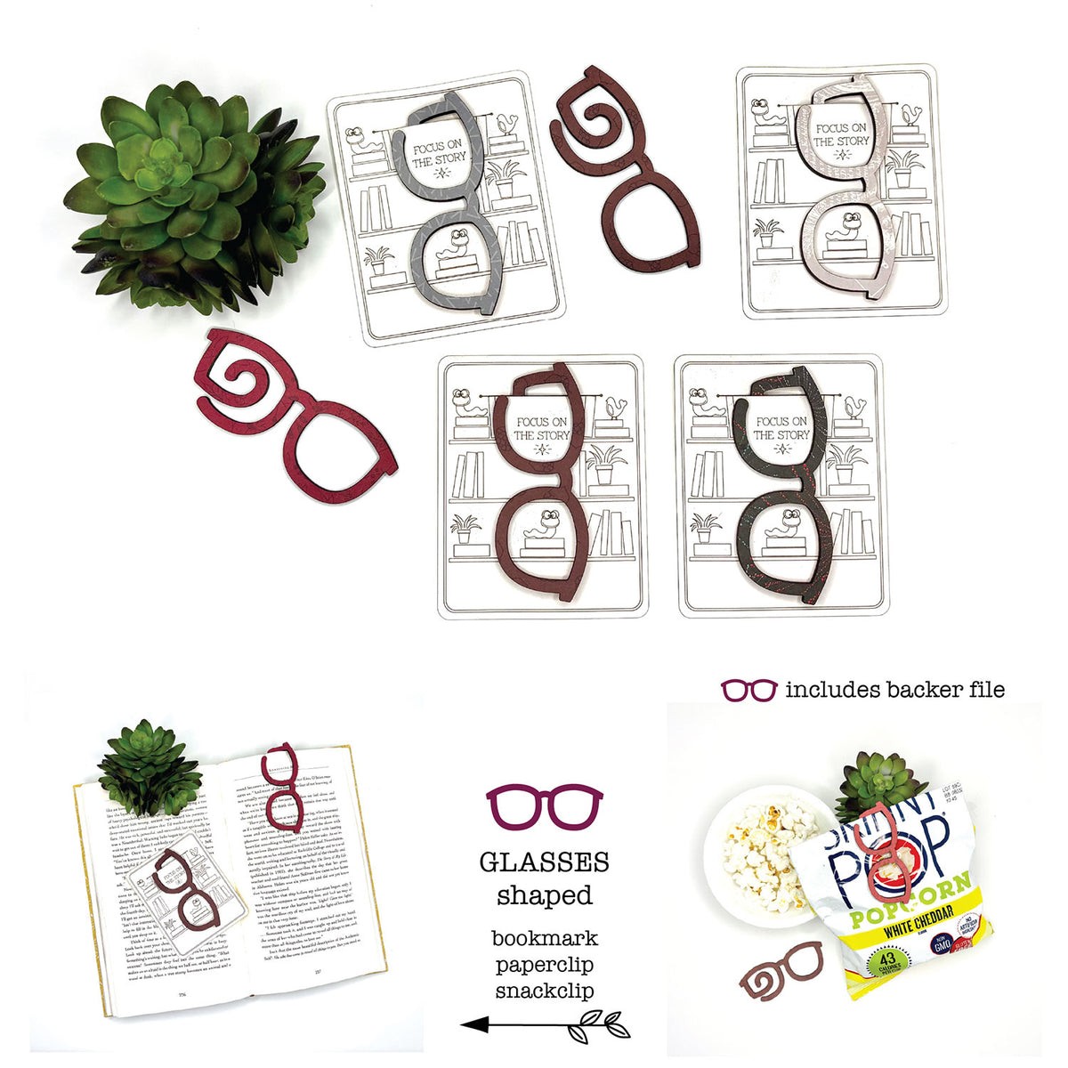 Glasses Shaped Bookmark with Card Backer - Paperclip - Snack Bag Closure - Glowforge