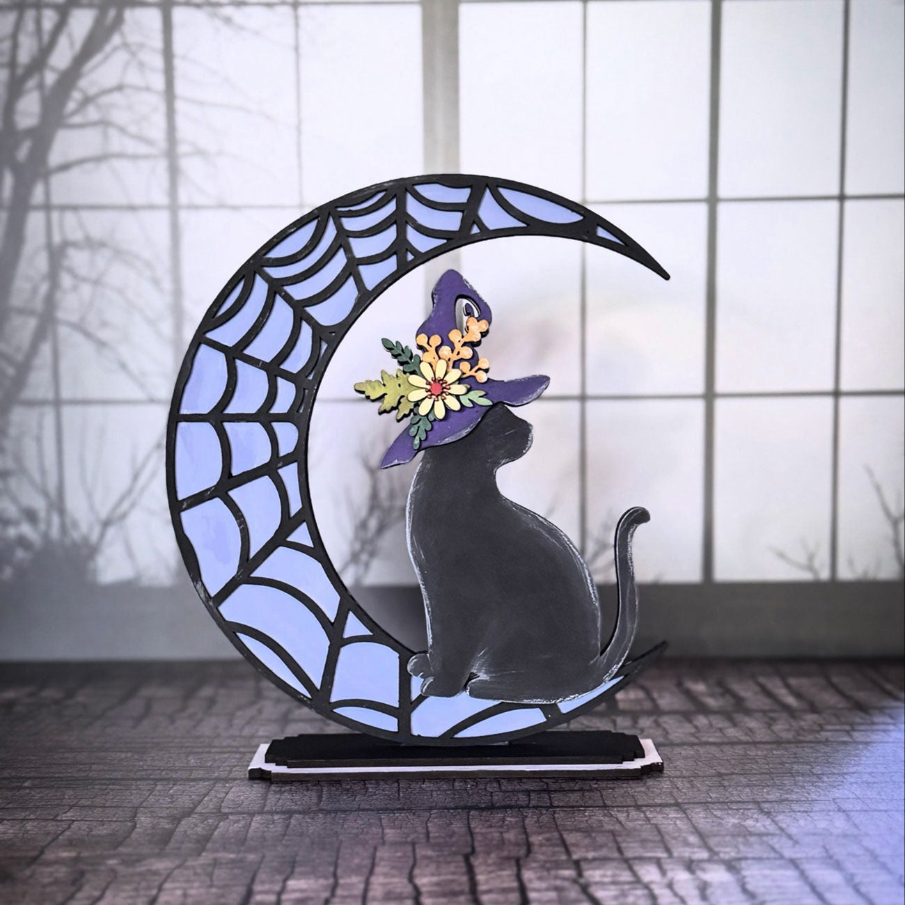 Halloween Cat Wearing a Witch Hat Sitting on a Moon Shelf Sitter for 1/8" Material - Glowforge