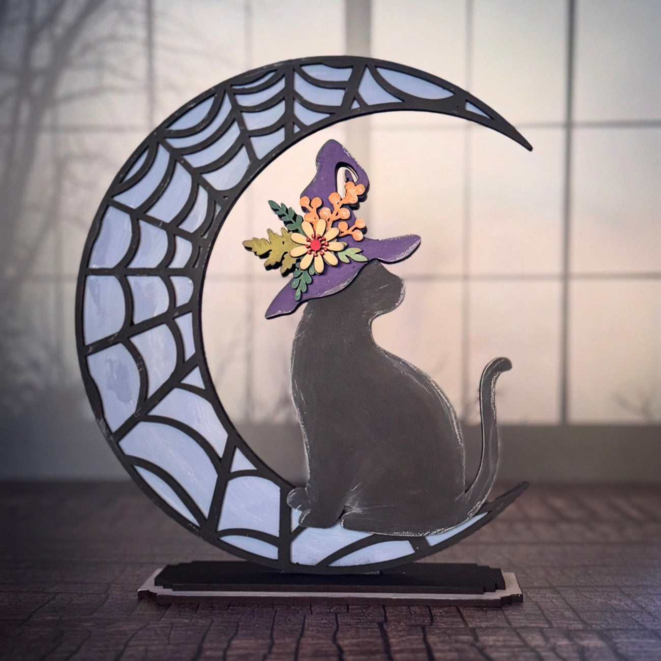 Halloween Cat Wearing a Witch Hat Sitting on a Moon Shelf Sitter for 1/8" Material - Glowforge