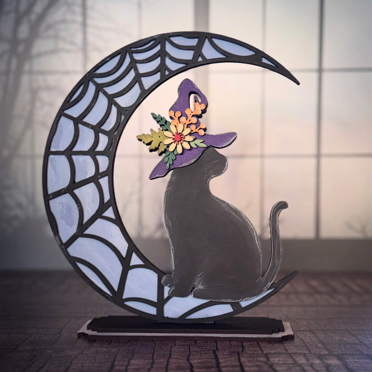 Halloween Cat Wearing a Witch Hat Sitting on a Moon Shelf Sitter for 1/8" Material - Glowforge