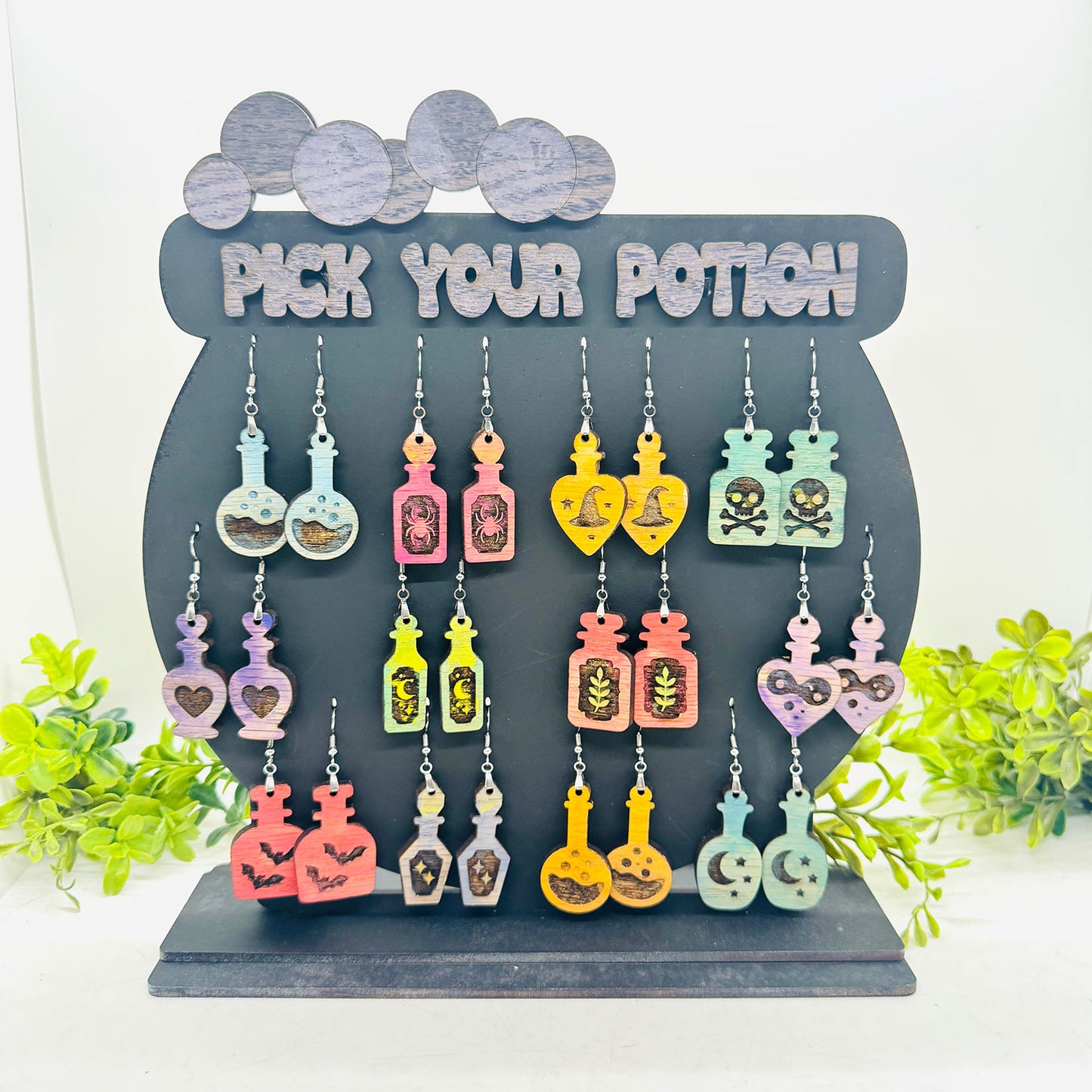 Halloween Cauldron Earring Holder & Potion Bottle Earrings (Set of 12) - Glowforge