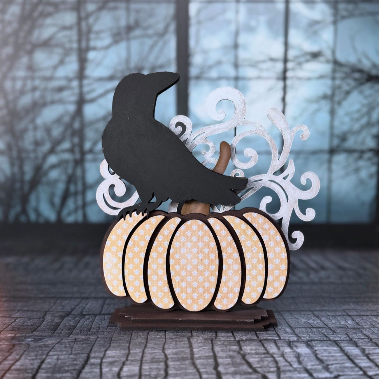 Halloween / Fall Pumpkin Adorned with a Raven Shelf Sitter - Glowforge