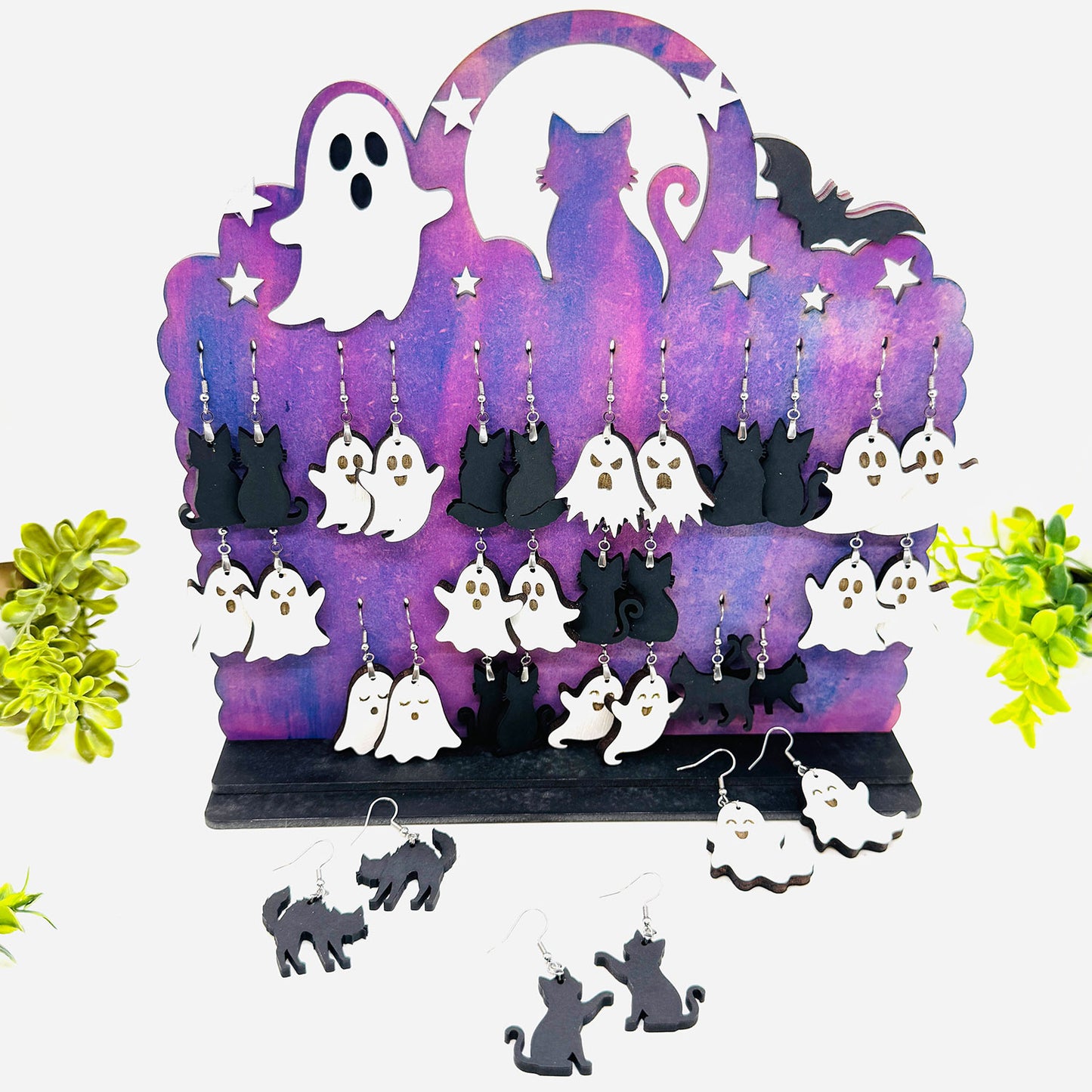 Halloween Ghost & Black Cat Earring Display Stand with Earrings (Set of 18) - Glowforge