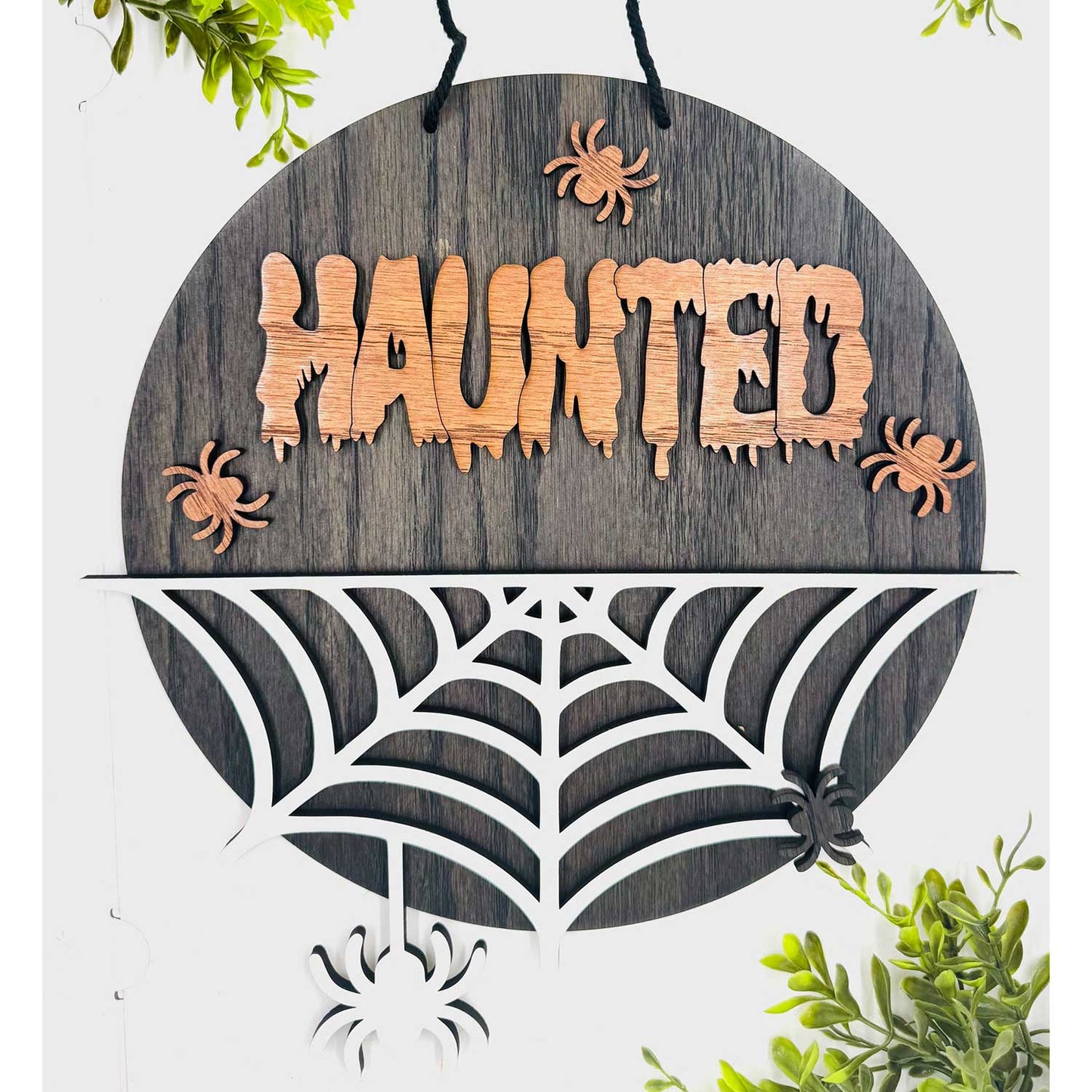 Halloween "HAUNTED" Spider Web Door Sign 10.5" Circle - Glowforge