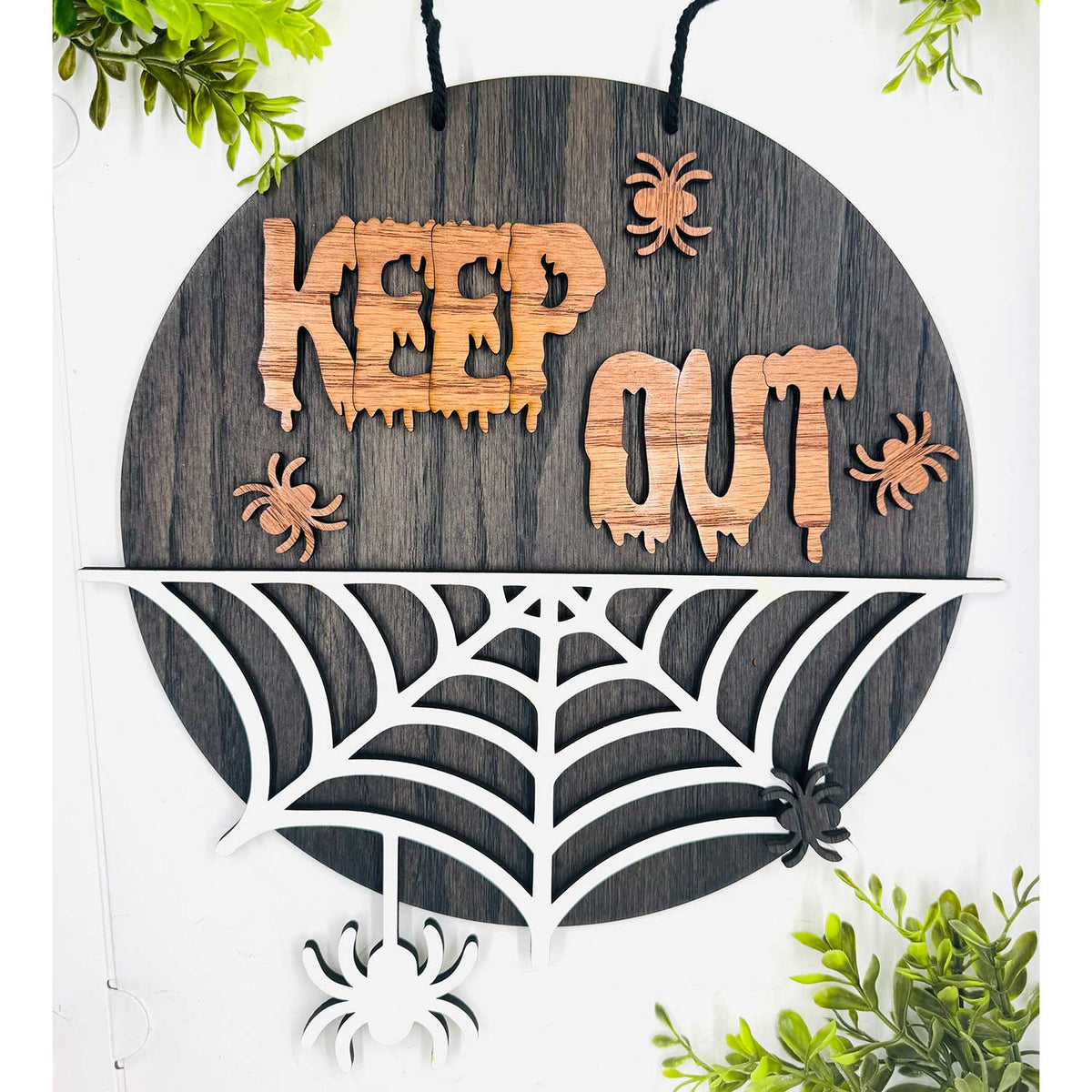 Halloween "KEEP OUT" Spider Web Door Sign 10.5" Circle - Glowforge