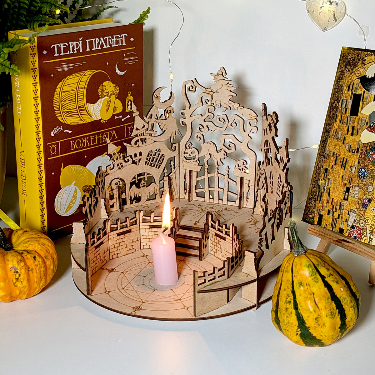 Halloween Shadow Lamp with Witch and Abandoned House and Ghosts - Glowforge