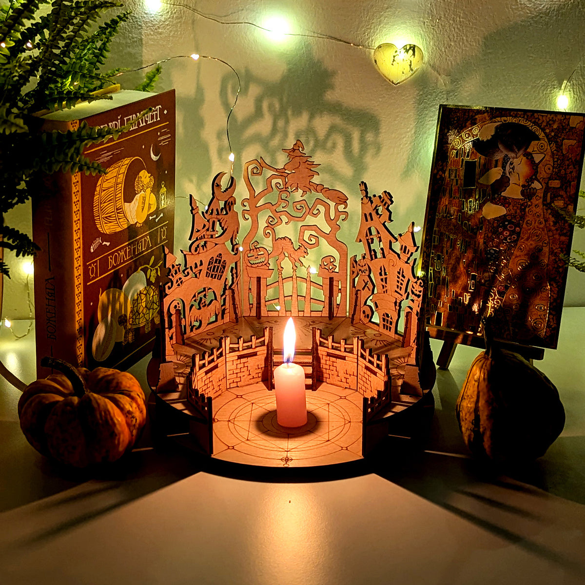 Halloween Shadow Lamp with Witch and Abandoned House and Ghosts - Glowforge