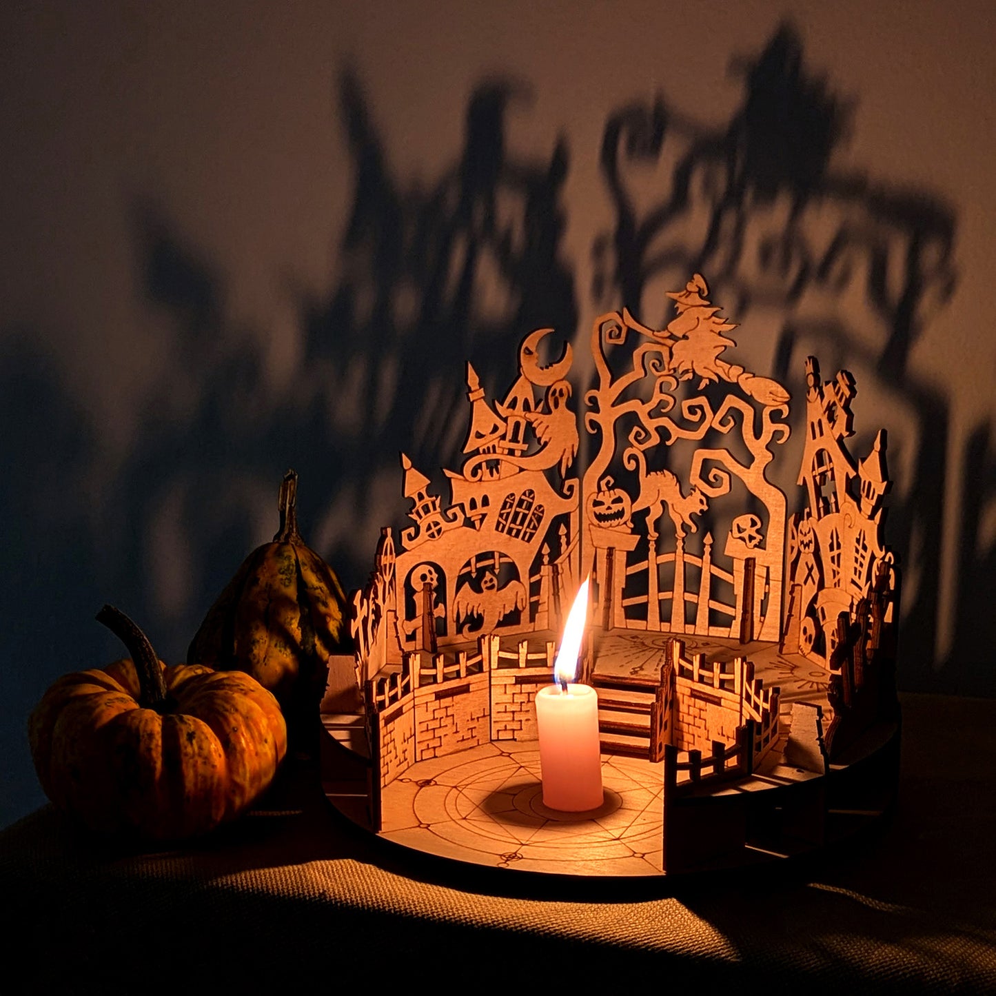 Halloween Shadow Lamp with Witch and Abandoned House and Ghosts - Glowforge