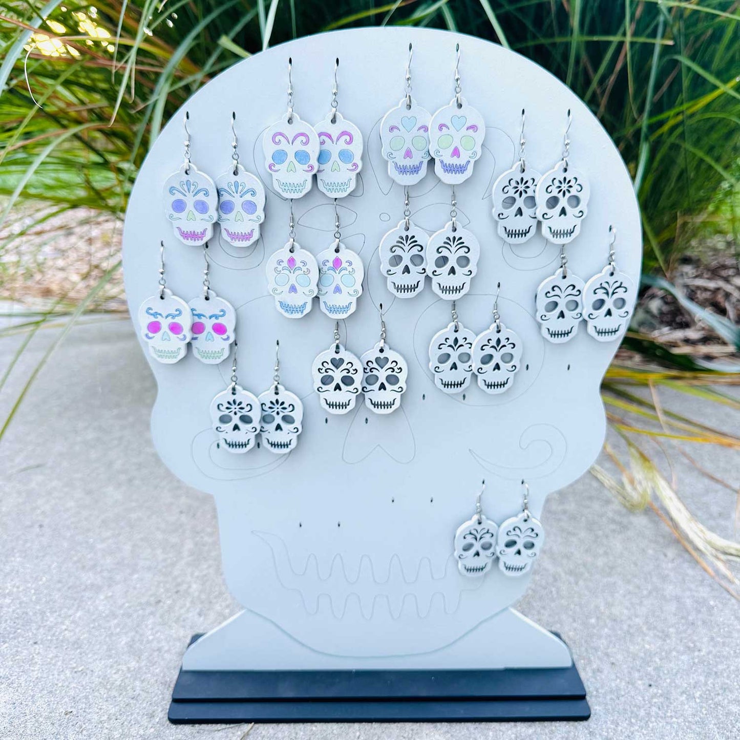 Halloween Sugar Skull Earrings (Set of 12) with Display Stand - Glowforge