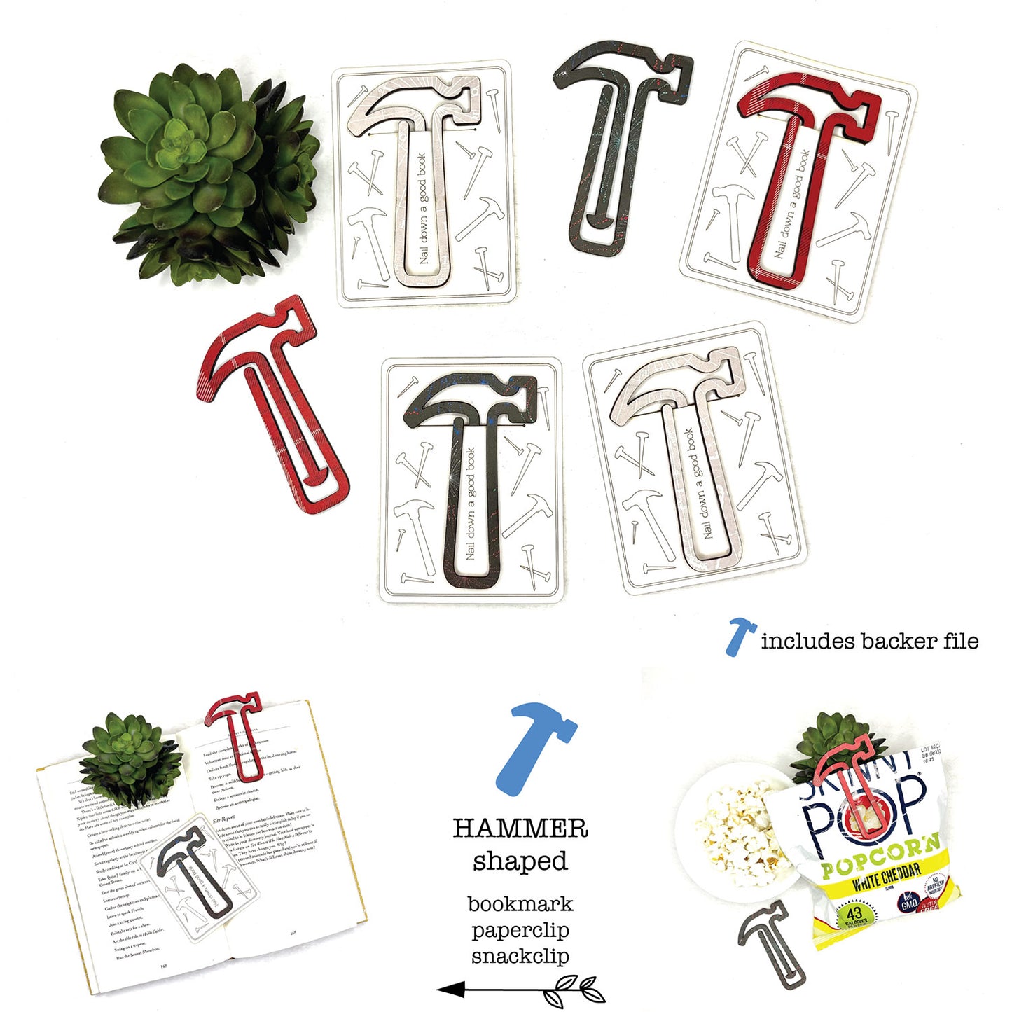 Hammer Shaped Bookmark with Card Backer - Paperclip - Snack Bag Closure - Glowforge