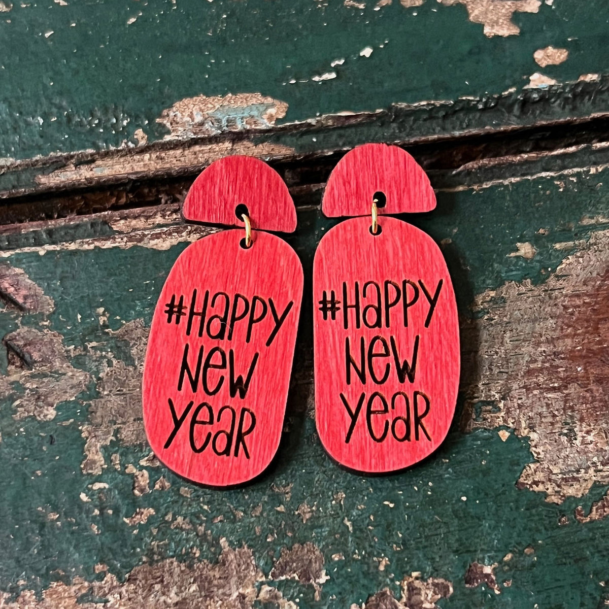 Happy New Year Organic Oval 2-Part Dangles - Glowforge