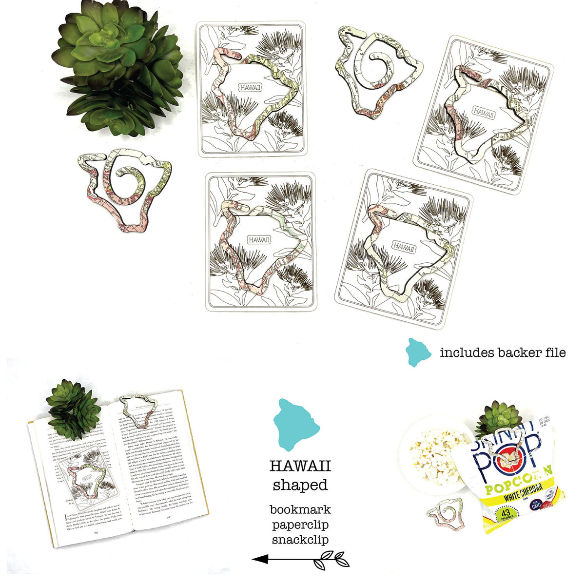 Hawaii Shaped Bookmark with Card Backer - Paperclip - Snack Bag Closure - Glowforge